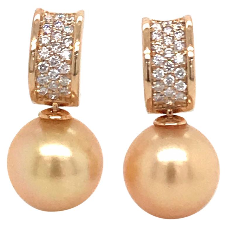 Golden South Sea Pearl Diamond Bar Drop Earrings 0.43 Carat 18 Karat Yellow Gold For Sale