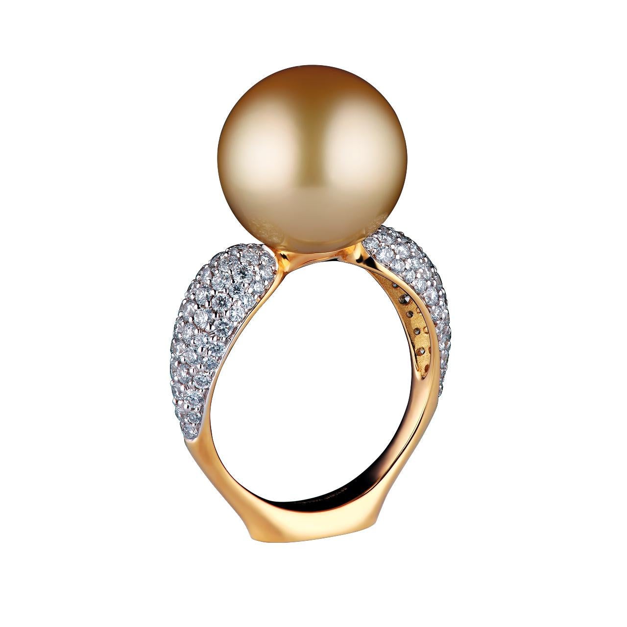 - 138 Round Diamonds - 1.05 ct, G/VVS1-VVS2
- 13 mm Golden South Sea pearl
- 18K Yellow Gold 
- Weight: 7.31 g
- Size: 16 mm
This fabulous ring with the beautiful lustrous Golden South Sea Pearl with diamond pave setting is made of 18K Yellow Gold.