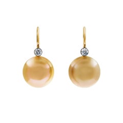 Golden South Sea Pearl Diamond Dangle Earrings