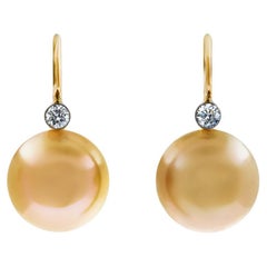 Golden South Sea Pearl Diamond Dangle Earrings