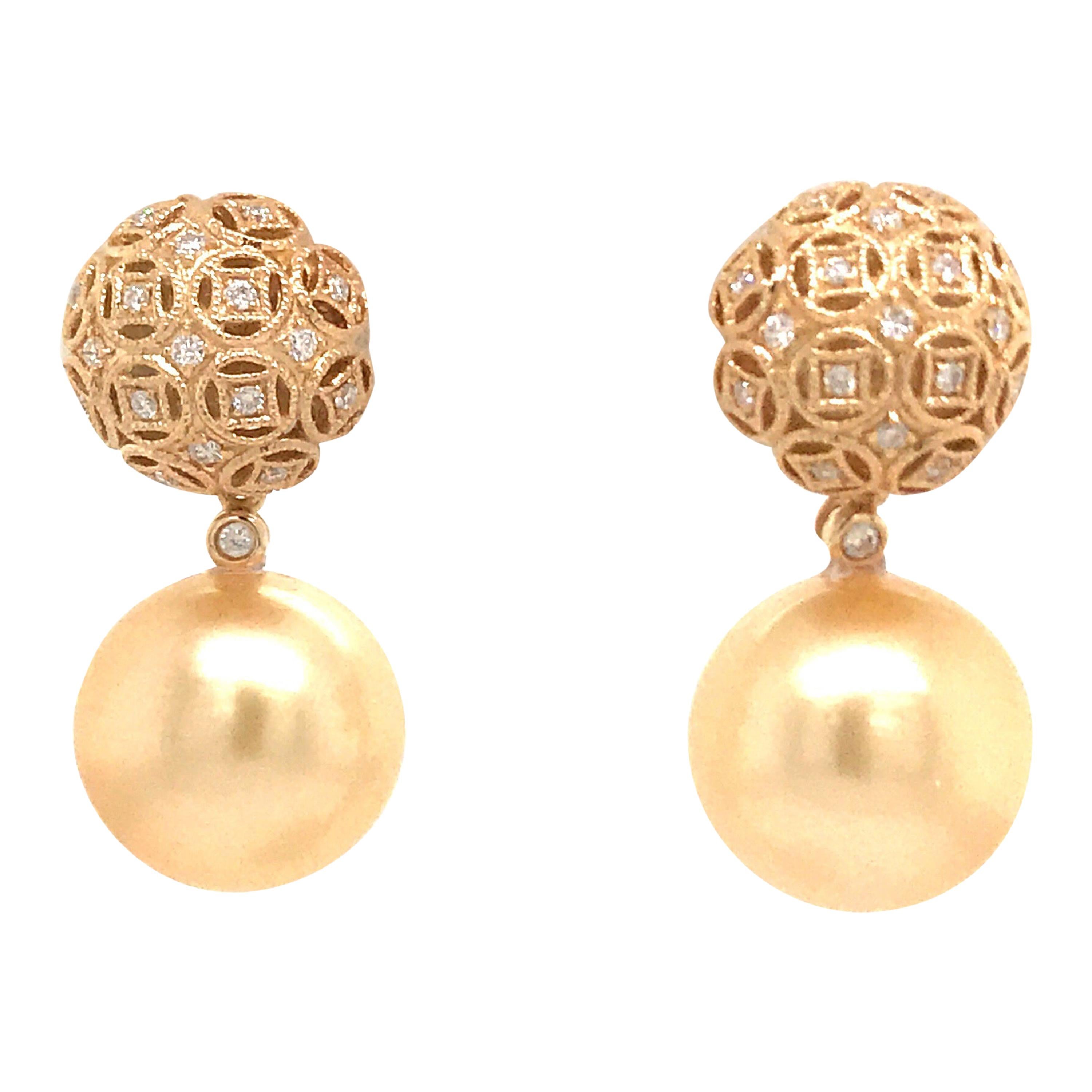 Golden South Sea Pearl Diamond Drop Earrings 0.30 Carat 18 Karat Yellow Gold