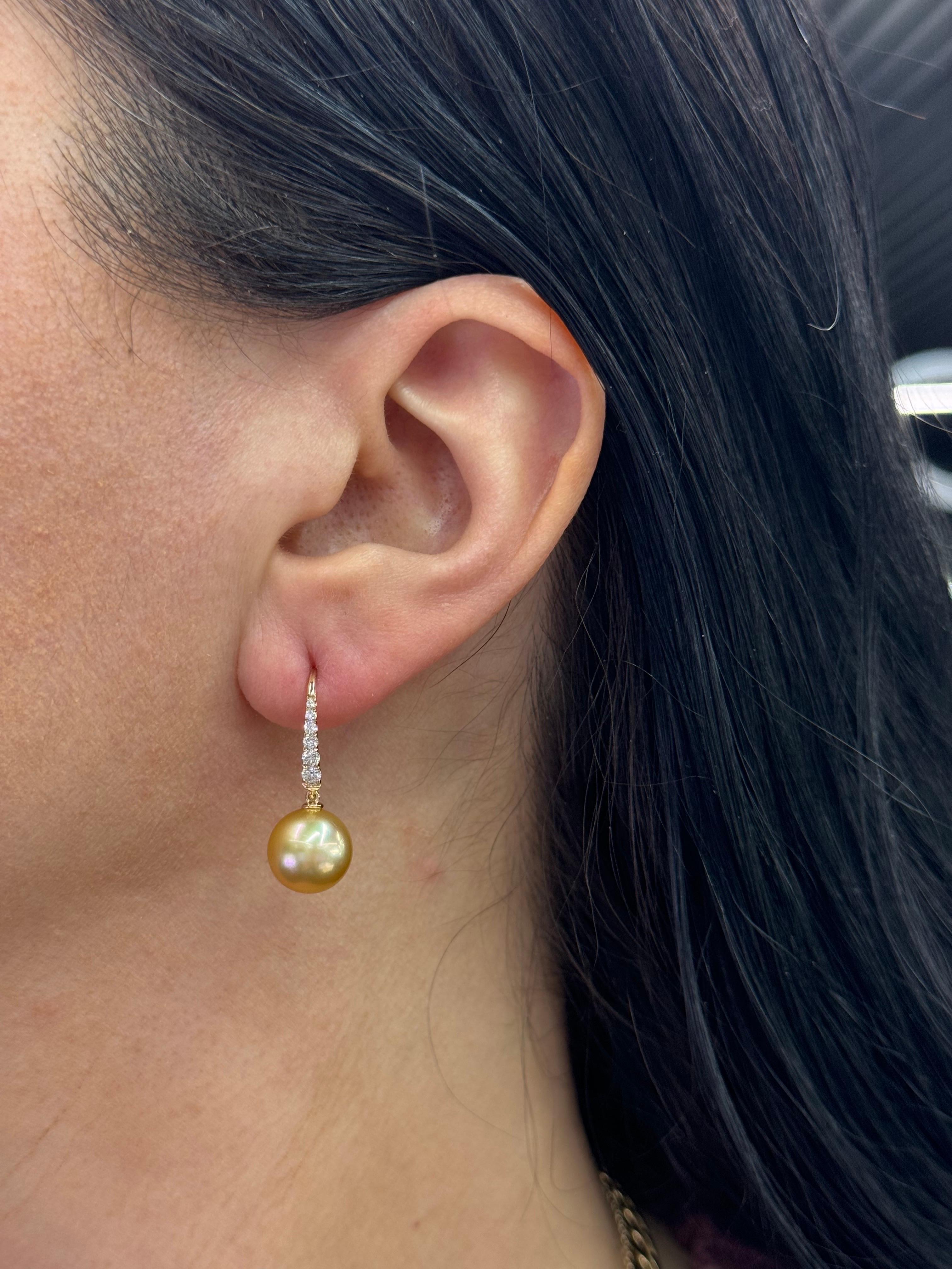 Goldene Südseeperlen-Diamant-Tropfen-Ohrringe 0,30 Karat 10-11 MM 14KT Gold im Angebot 1