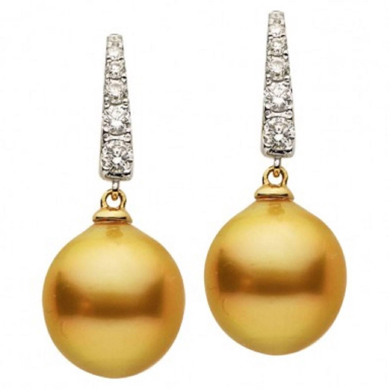 Golden South Sea Pearl Diamond Drop Earrings 0.30 Carats 10-11 MM 14KT Gold For Sale