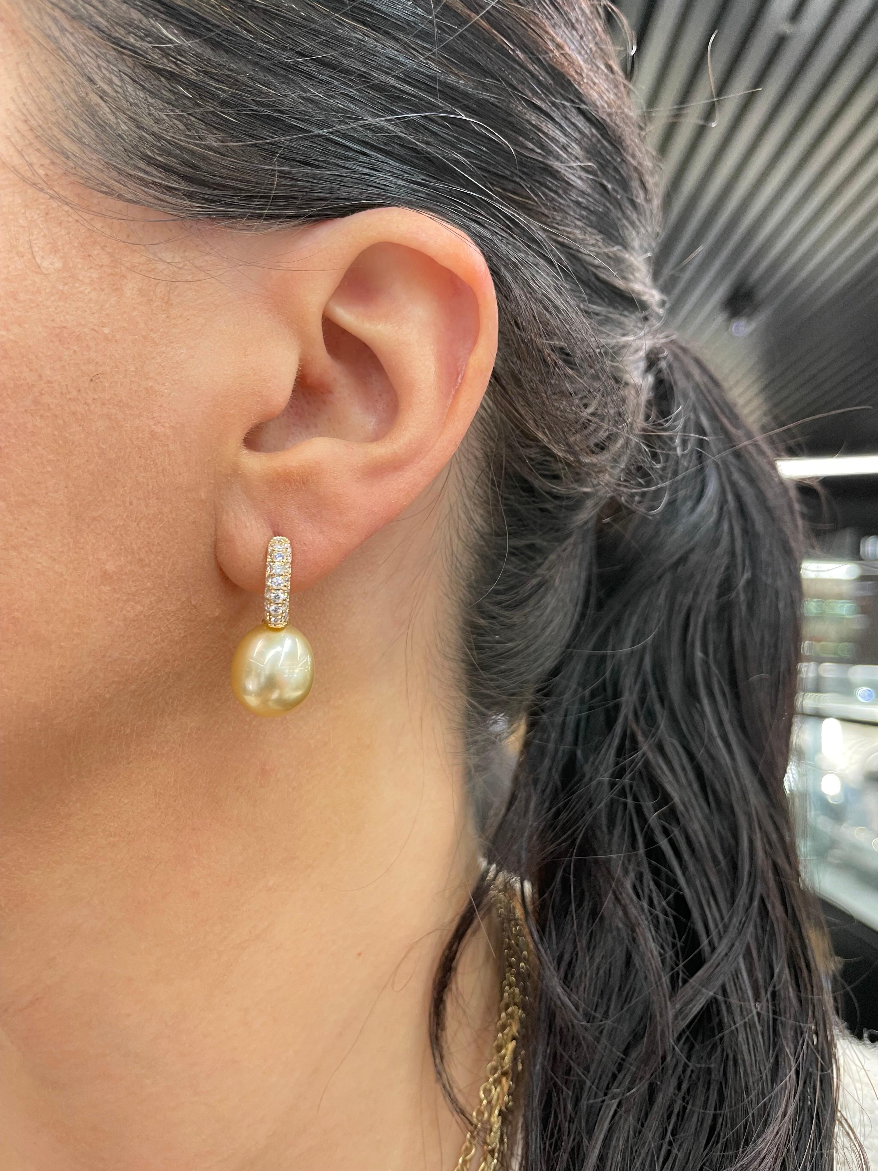 Golden South Sea Pearl Diamond Drop Earrings 0.78 Carats 18 Karat Gold 5