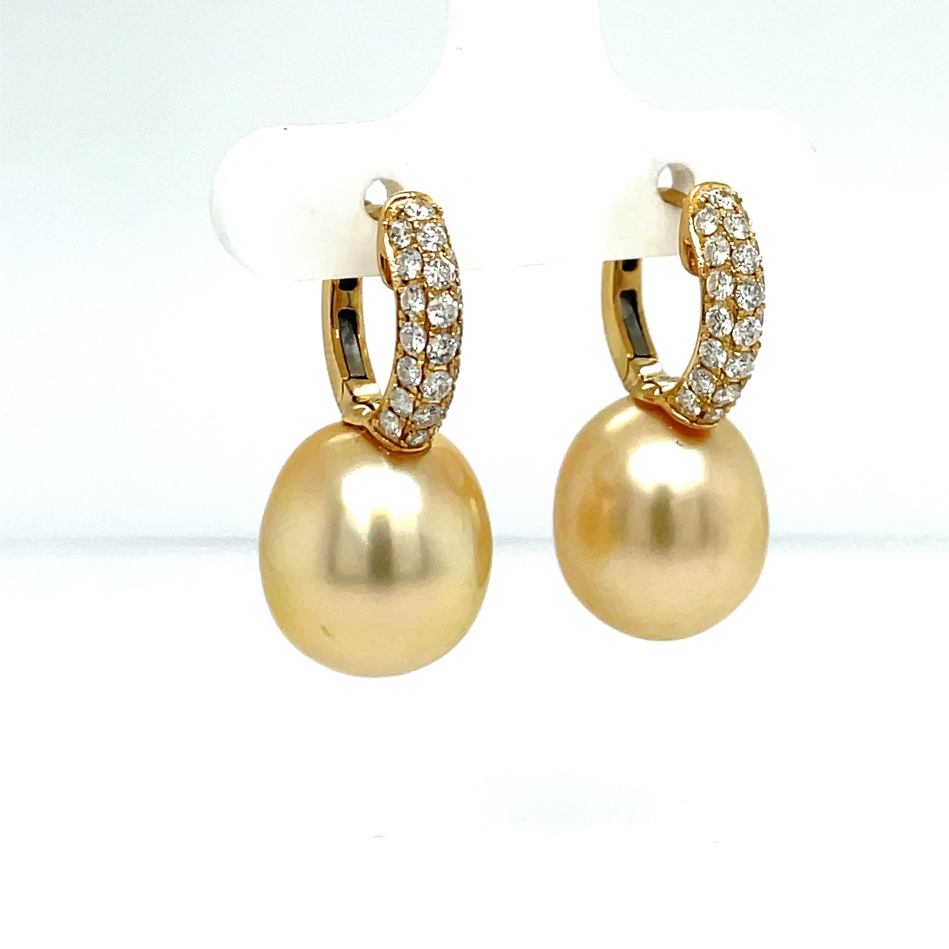 Round Cut Golden South Sea Pearl Diamond Drop Earrings 0.78 Carats 18 Karat Gold