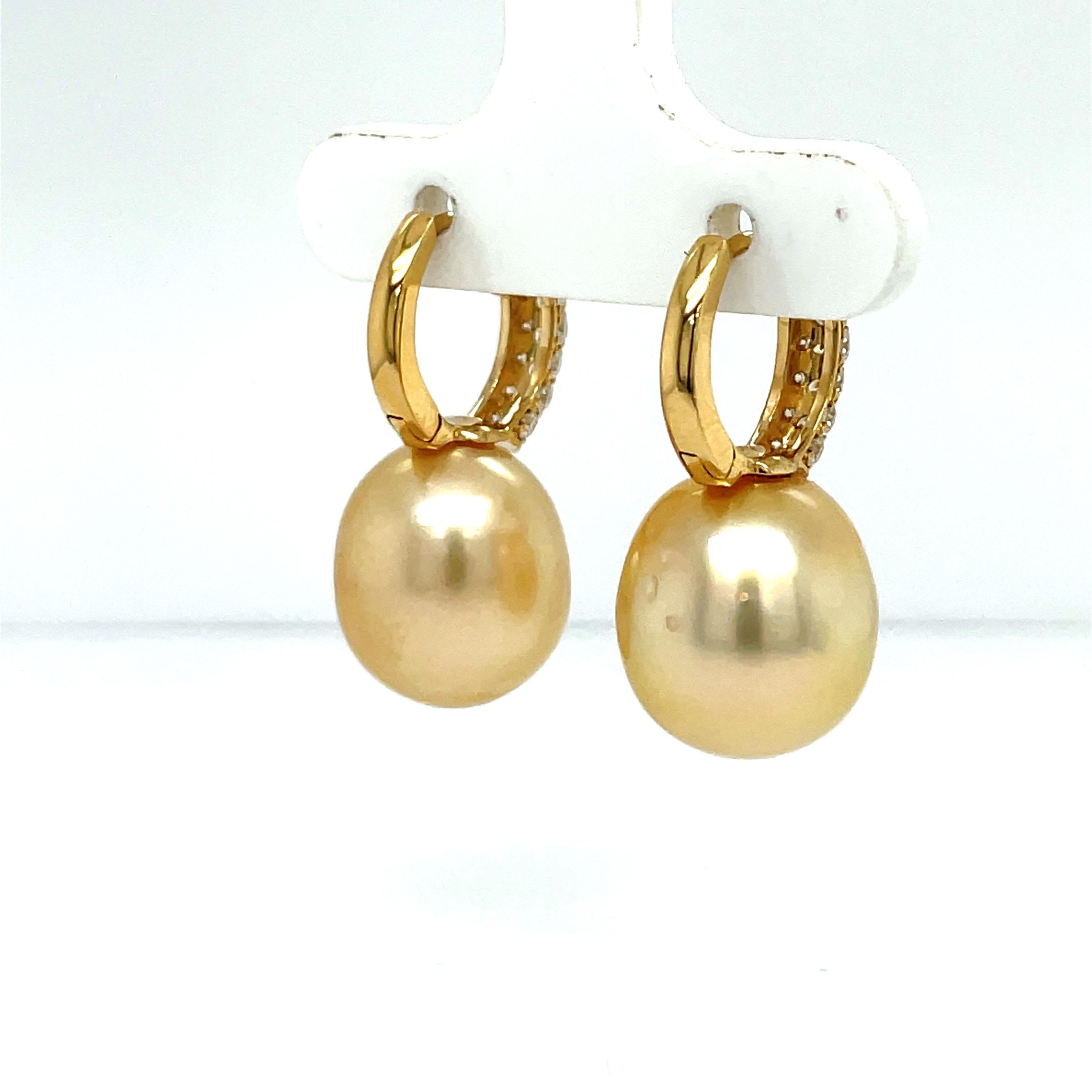 Women's Golden South Sea Pearl Diamond Drop Earrings 0.78 Carats 18 Karat Gold