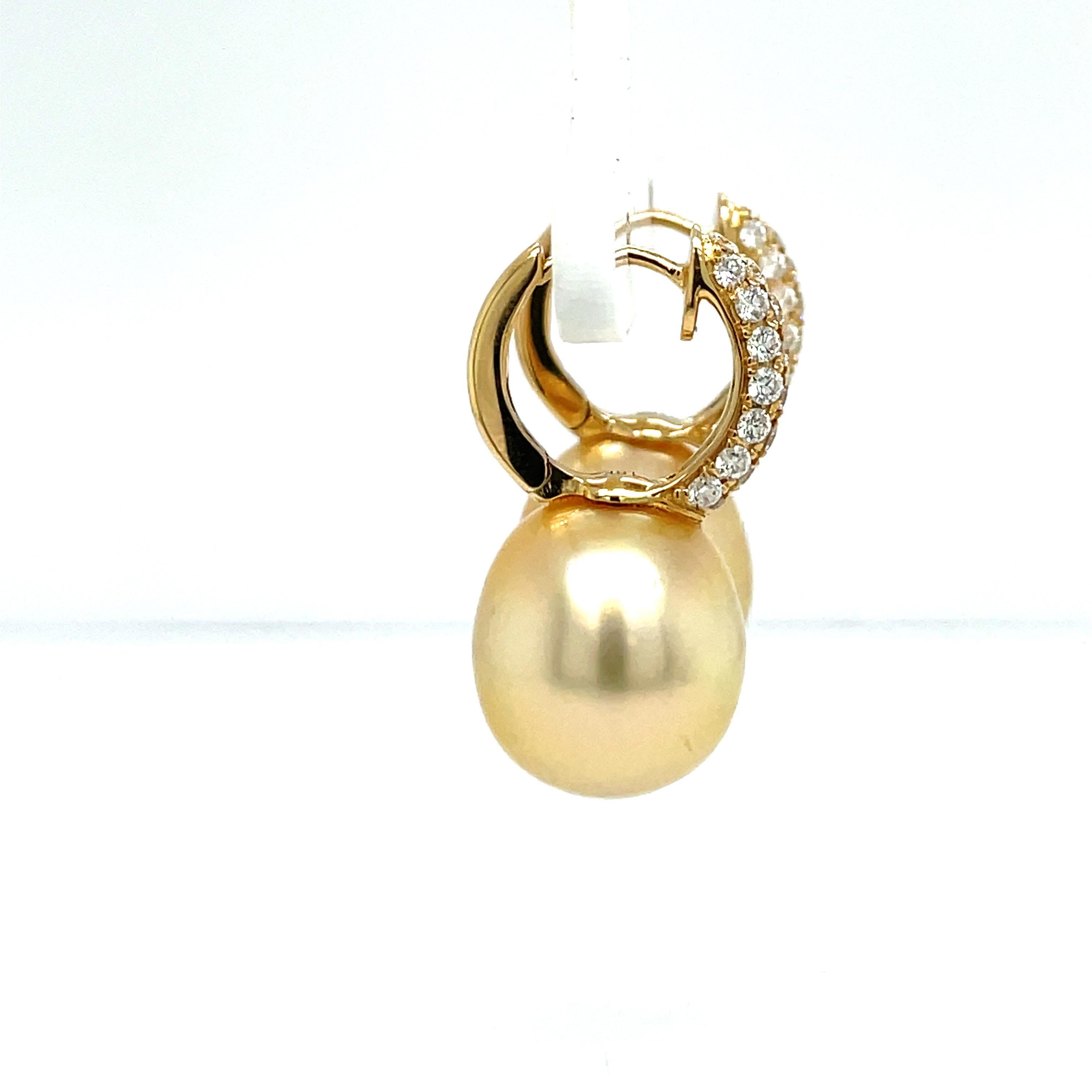 Golden South Sea Pearl Diamond Drop Earrings 0.78 Carats 18 Karat Gold 1