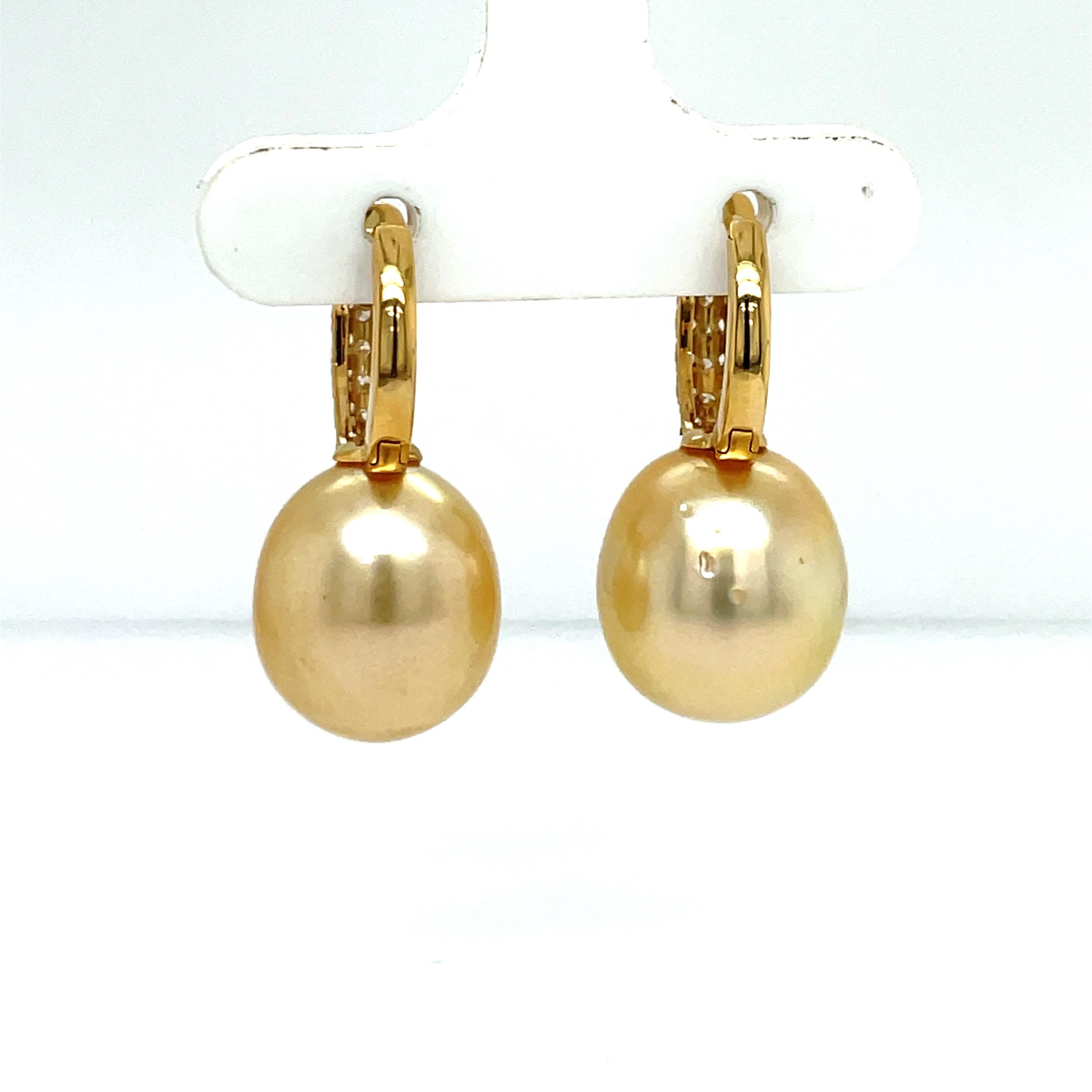 Golden South Sea Pearl Diamond Drop Earrings 0.78 Carats 18 Karat Gold 2