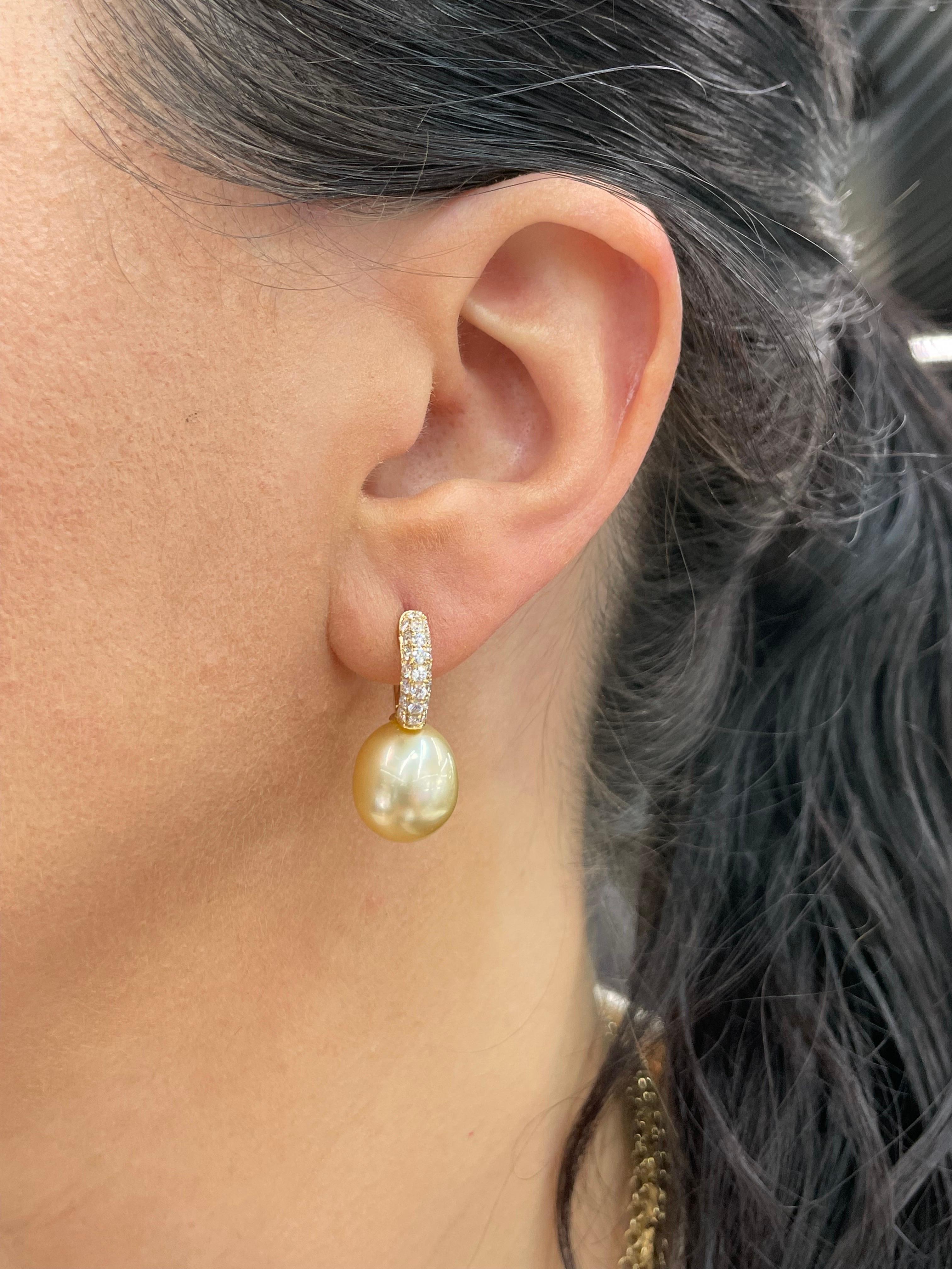Golden South Sea Pearl Diamond Drop Earrings 0.78 Carats 18 Karat Gold 3