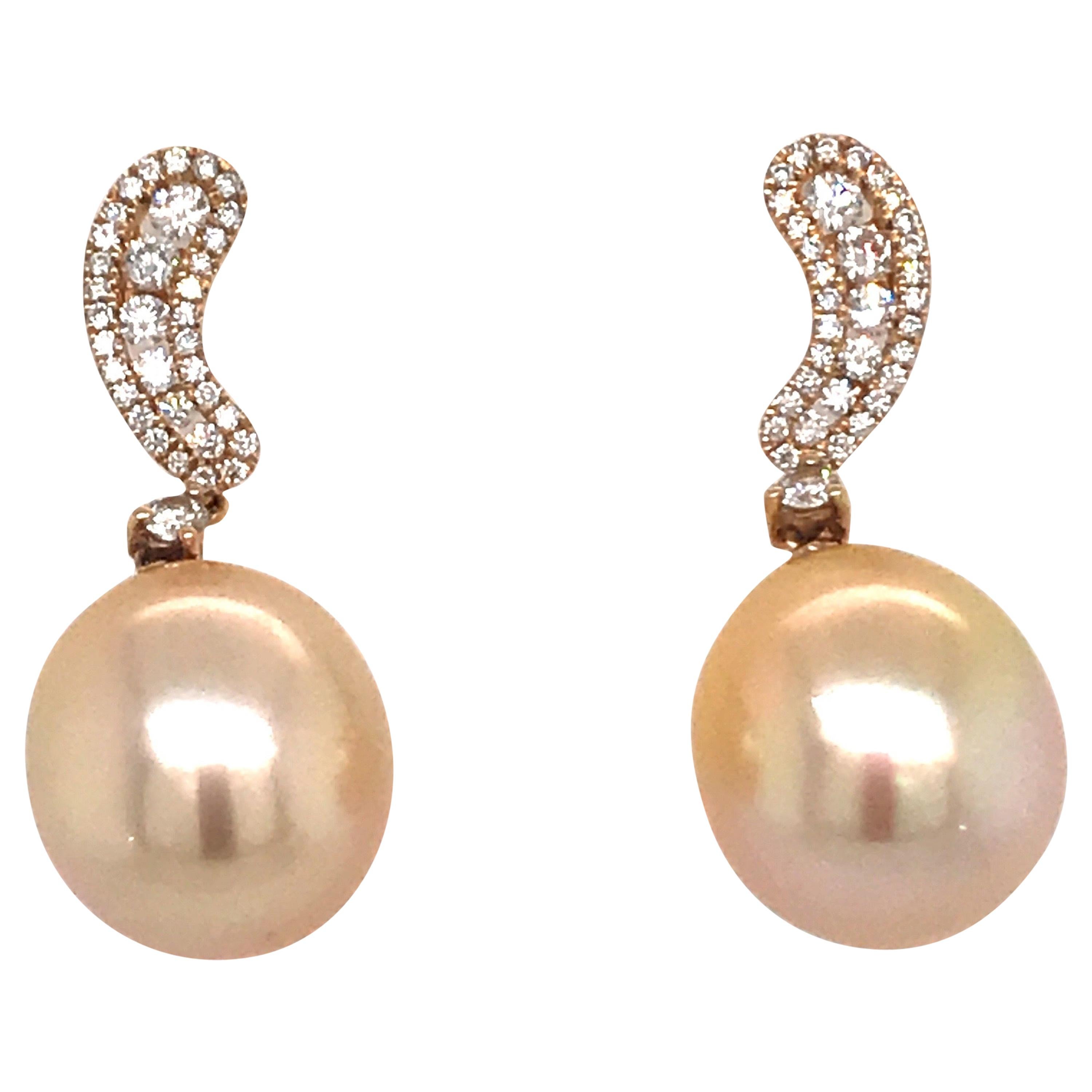 Golden South Sea Pearl Diamond Drop Earrings .40 Carat 18 Karat Yellow Gold For Sale