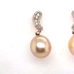 Golden South Sea Pearl Diamond Drop Earrings .40 Carat 18 Karat Yellow Gold