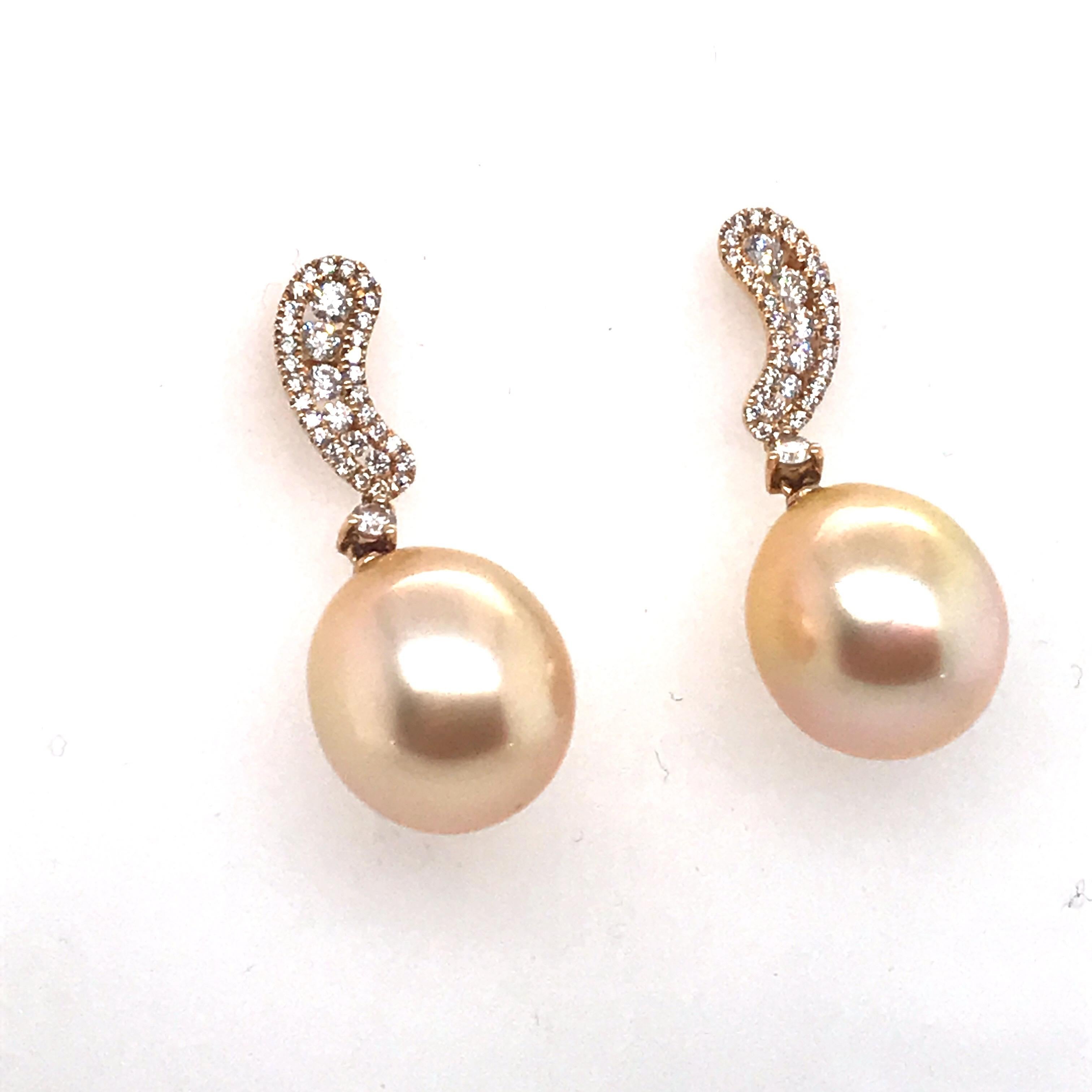 Contemporary Golden South Sea Pearl Diamond Drop Earrings .40 Carat 18 Karat Yellow Gold For Sale