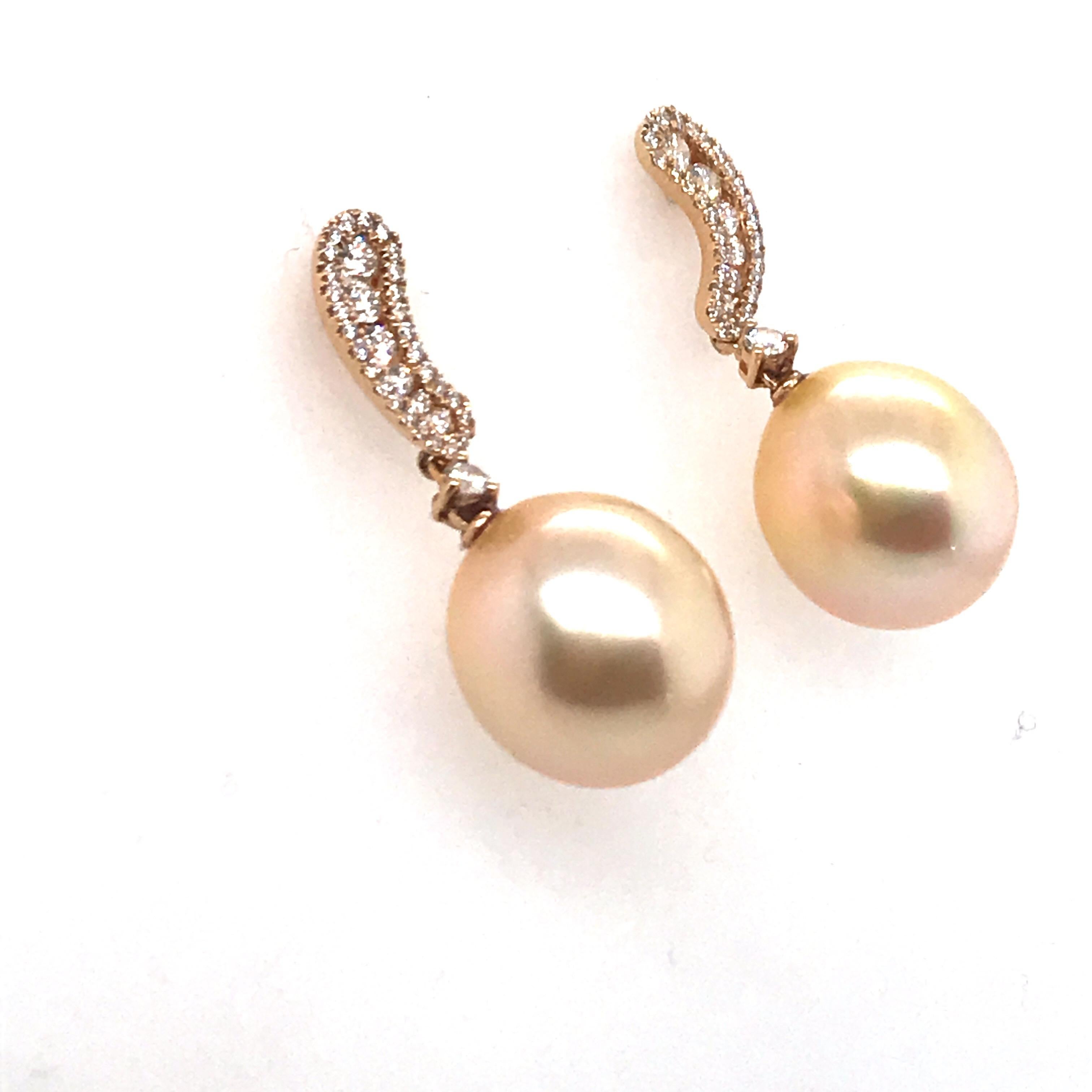 Round Cut Golden South Sea Pearl Diamond Drop Earrings .40 Carat 18 Karat Yellow Gold For Sale