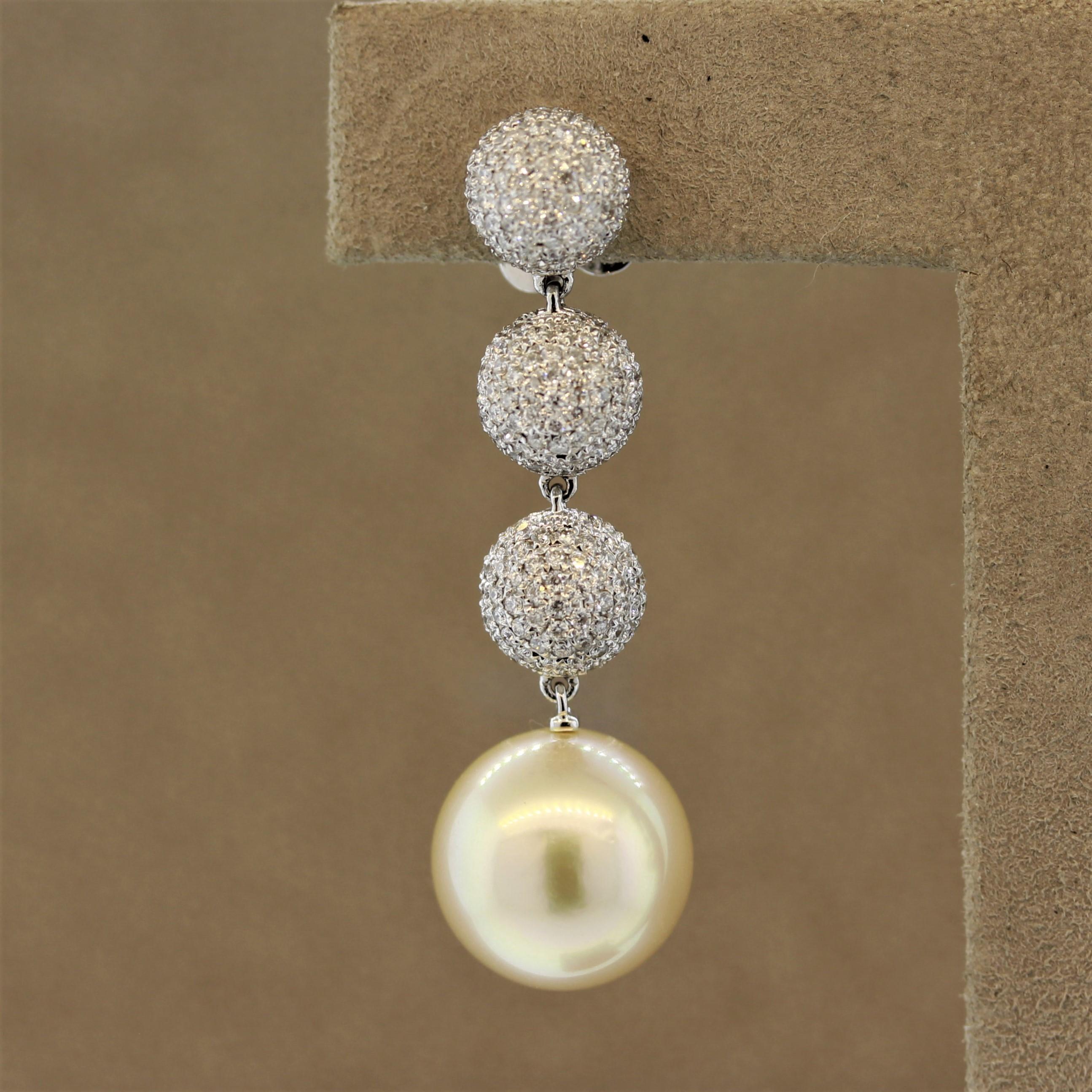 Round Cut Golden South Sea Pearl Diamond Drop Earrings For Sale