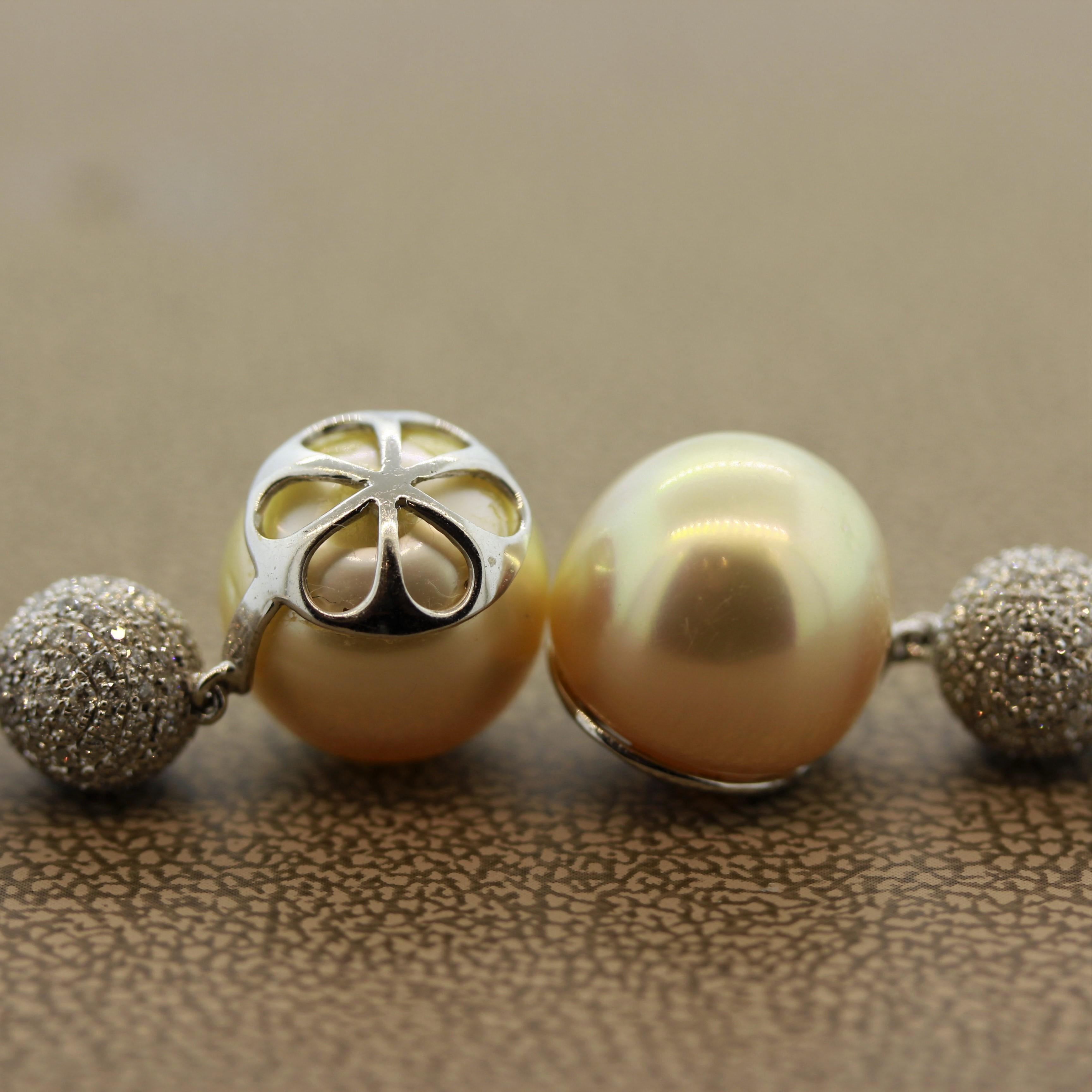 Women's Golden South Sea Pearl Diamond Drop Earrings For Sale