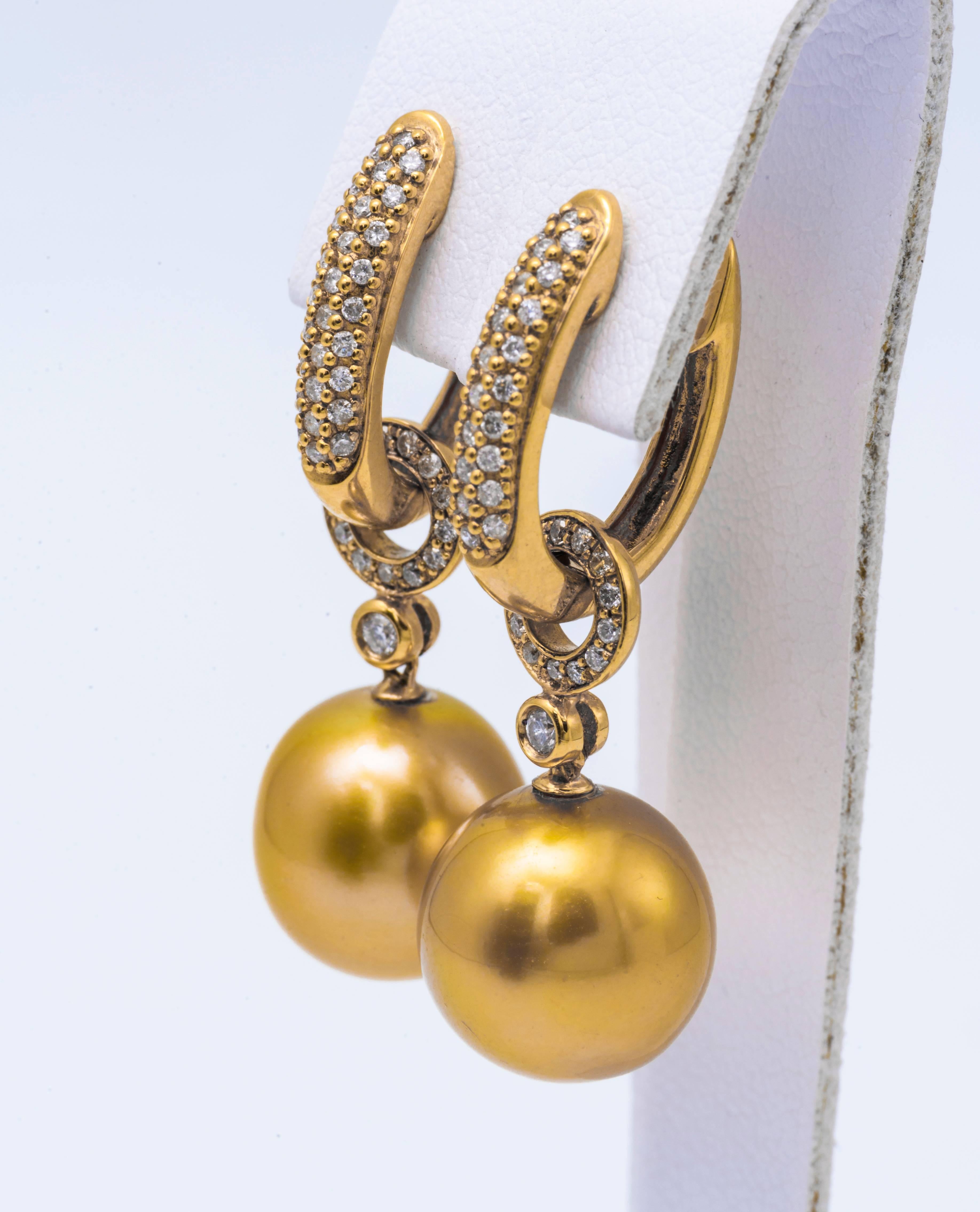 Contemporary Golden South Sea Pearl Diamond Drop Earrings 0.49 Carats 18K Yellow Gold  For Sale