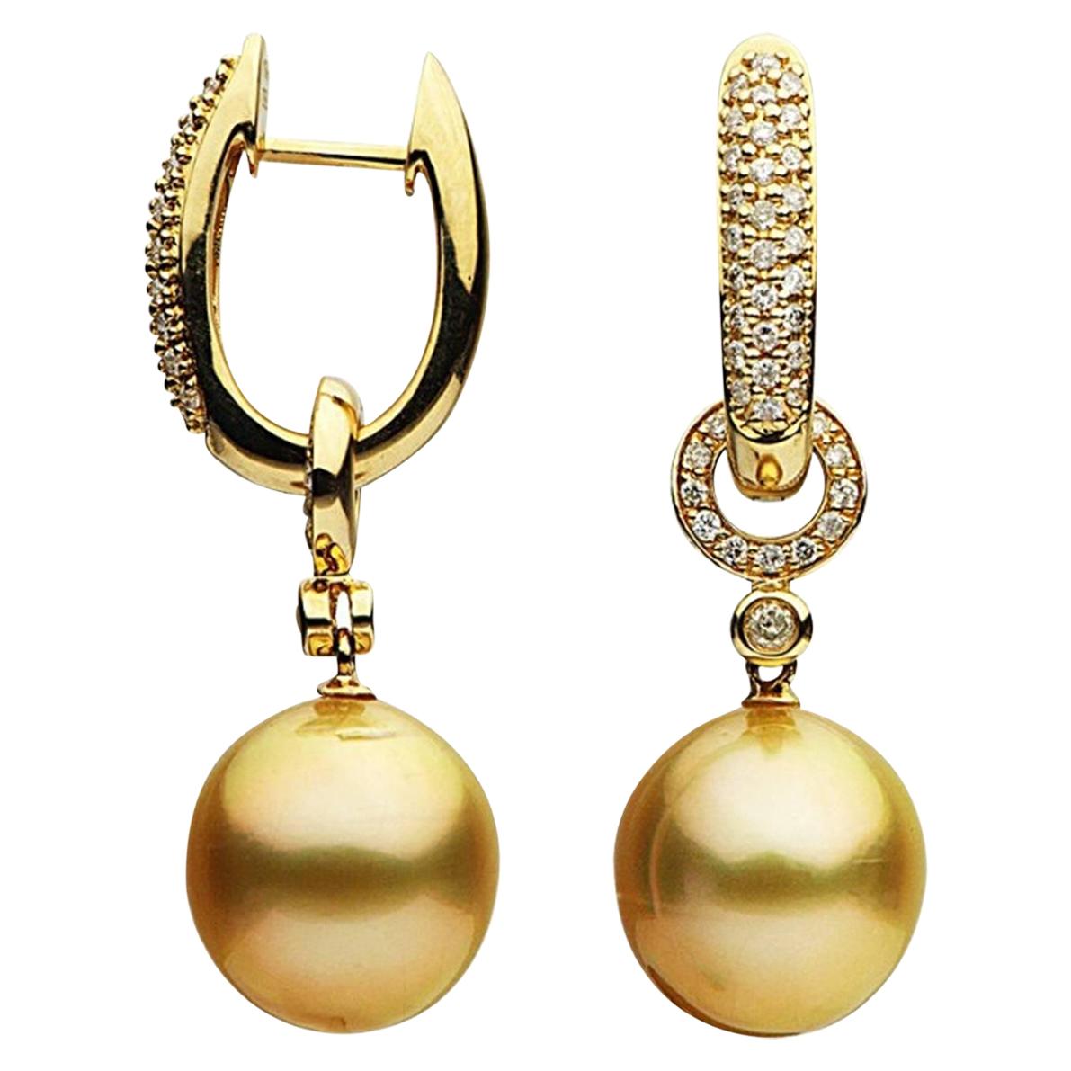 Golden South Sea Pearl Diamond Drop Earrings 0.49 Carats 18K Yellow Gold  For Sale