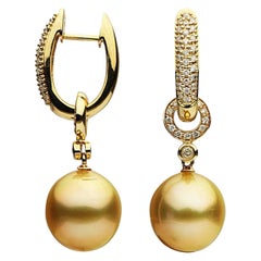 Day & Night Golden South Sea Pearl Diamond Drop Hoop Earrings 0.53 Carats 18KT