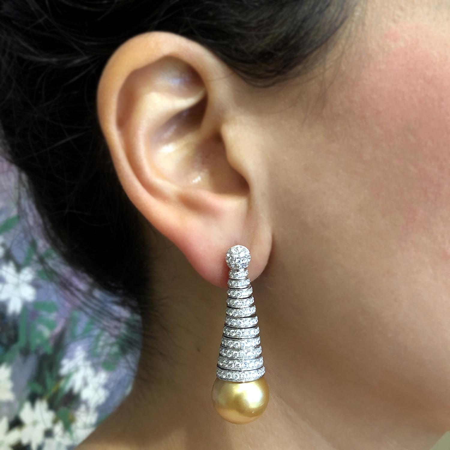 Women's Golden South Sea Pearl Diamond Gold Drop Earrings