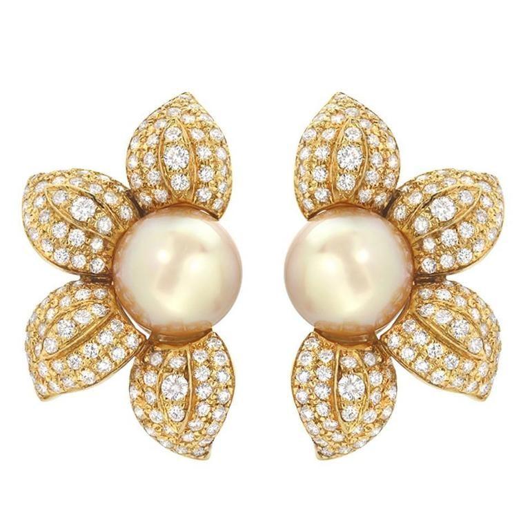 Women's Estate Golden South Sea Pearl Diamond Sunflower Earrings