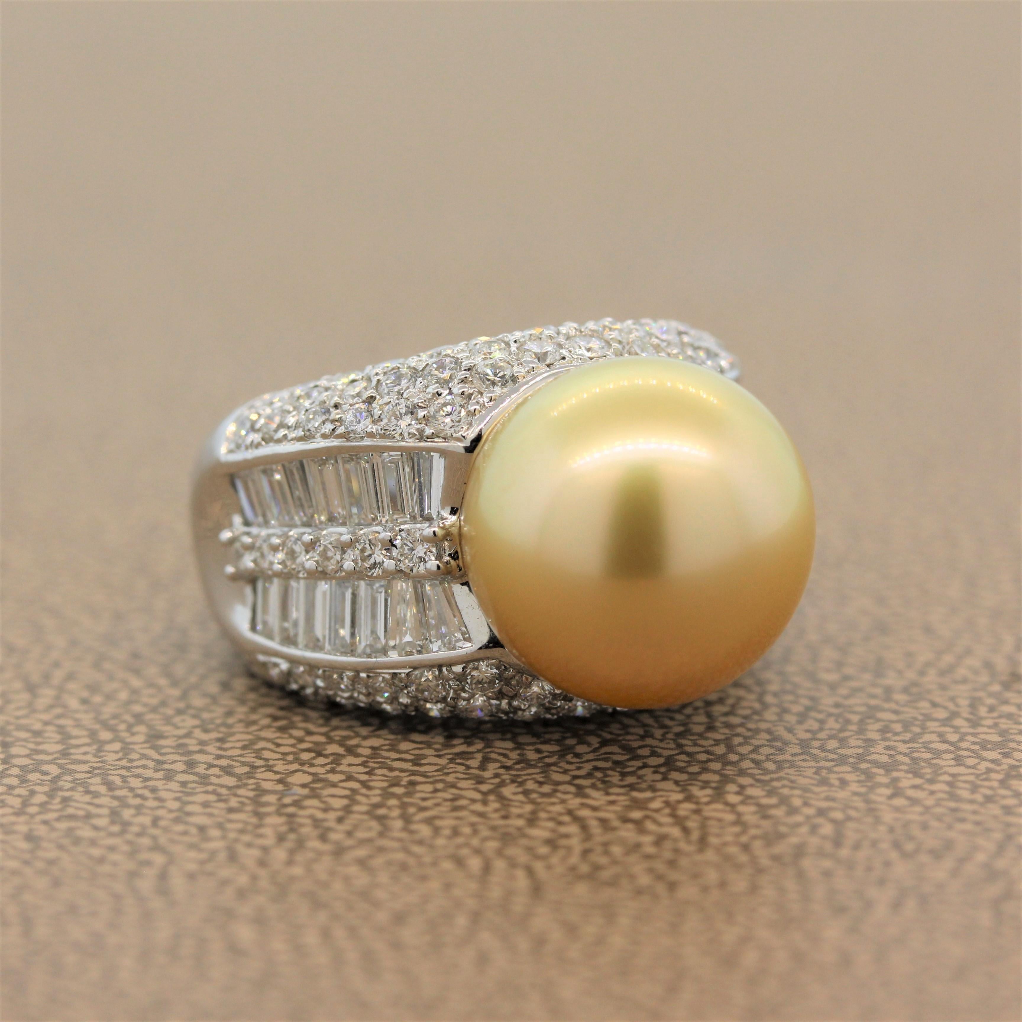 A marvelous ring featuring a 14.5mm golden South Sea Pearl. The sheen of this stunning pearl is a perfect match for the 4.80 carats of round cut and baguette cut diamonds of this 18K white gold ring.

Ring Size 5.5 (Sizable)
