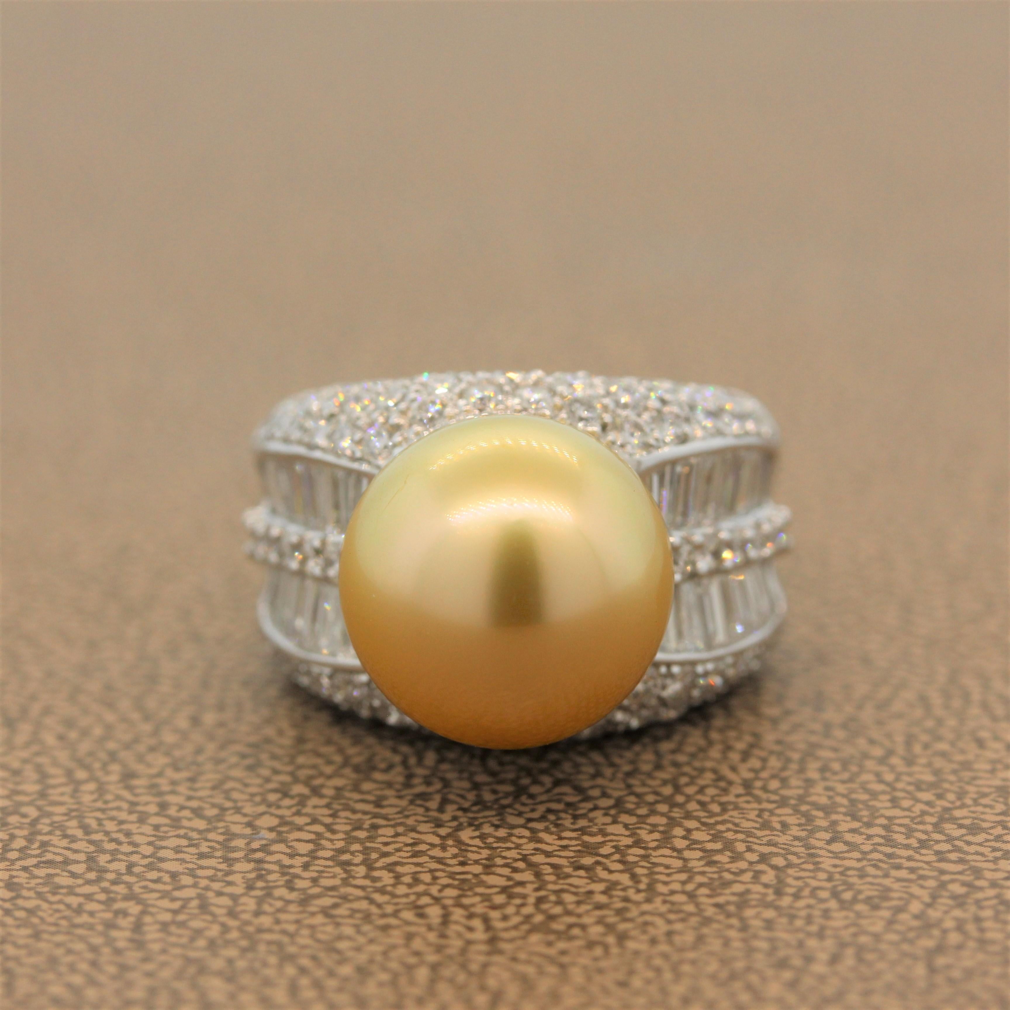 Ball Cut Golden South Sea Pearl Diamond Gold Ring For Sale