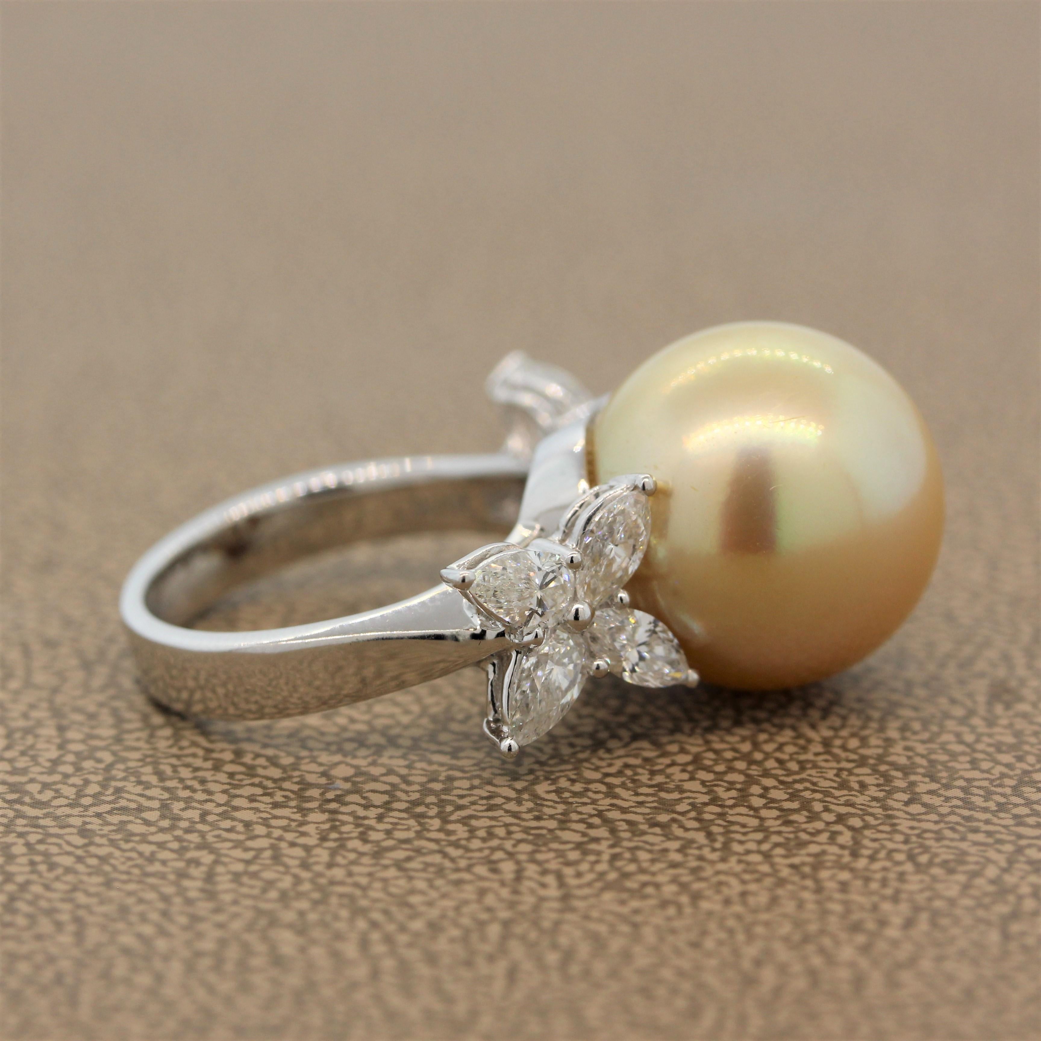 Marquise Cut Golden South Sea Pearl Diamond Gold Ring For Sale
