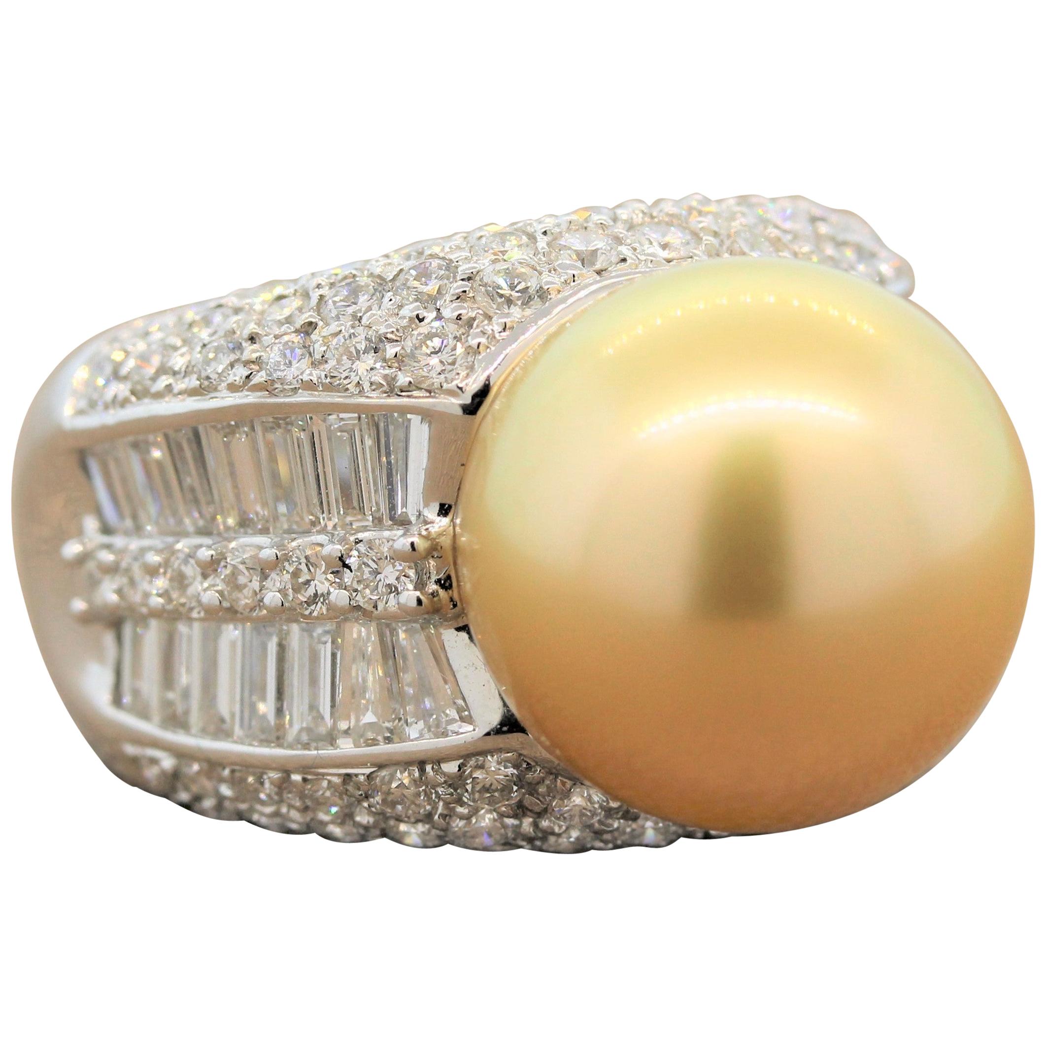 Golden South Sea Pearl Diamond Gold Ring For Sale