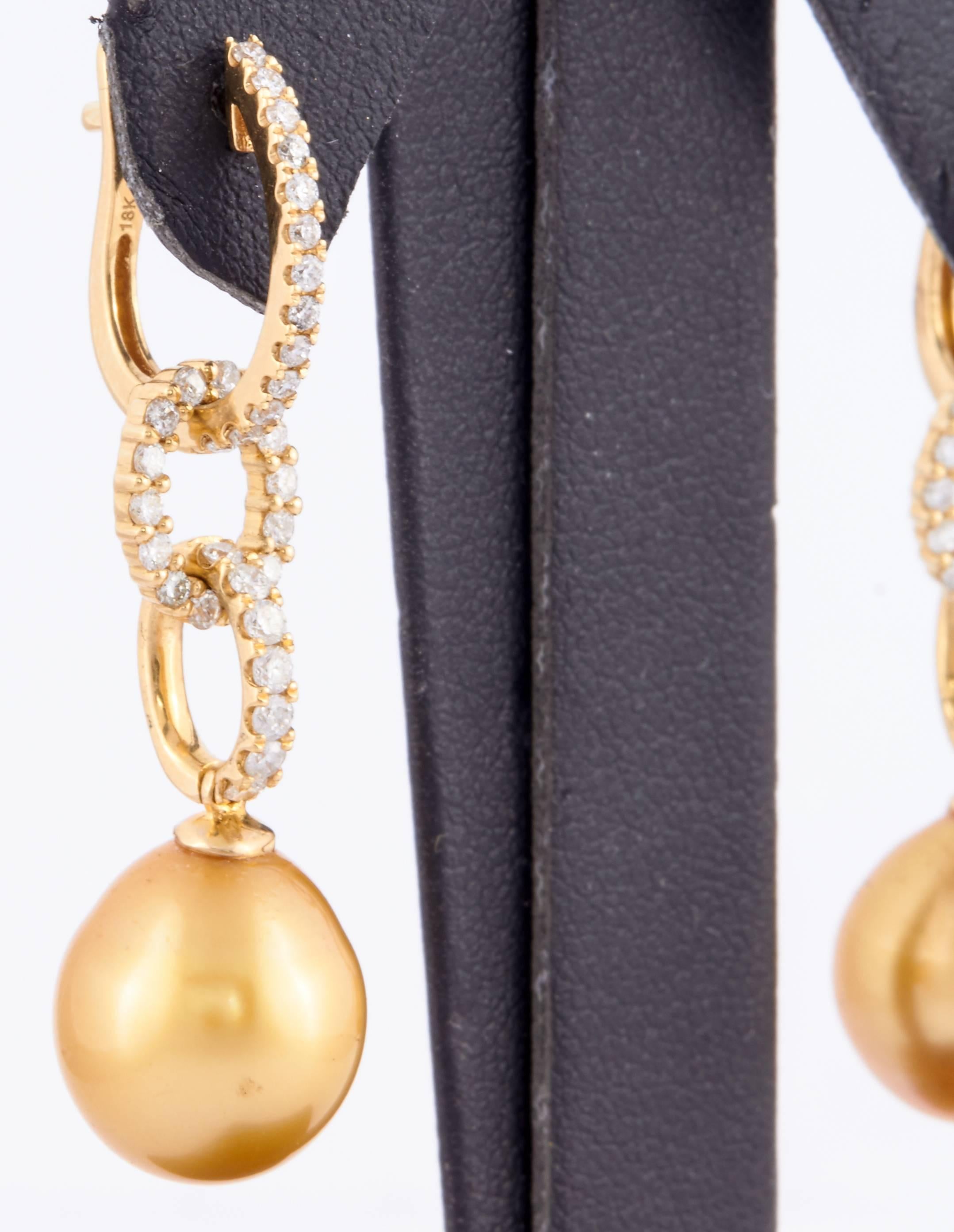 Golden South Sea Pearl Diamond Hoop Drop Earrings 0.81 Carats 11-12 MM 18K Gold In New Condition For Sale In New York, NY