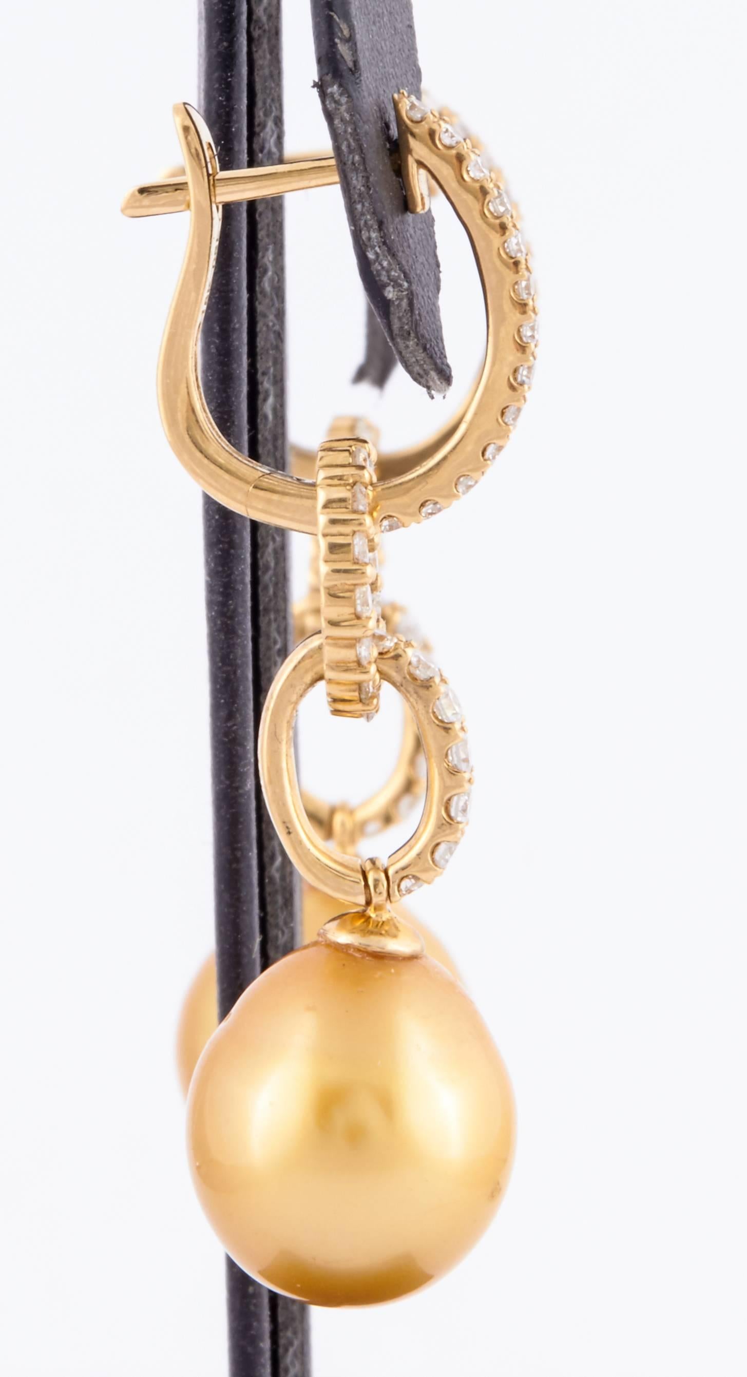 Women's Golden South Sea Pearl Diamond Hoop Drop Earrings 0.81 Carats 11-12 MM 18K Gold For Sale
