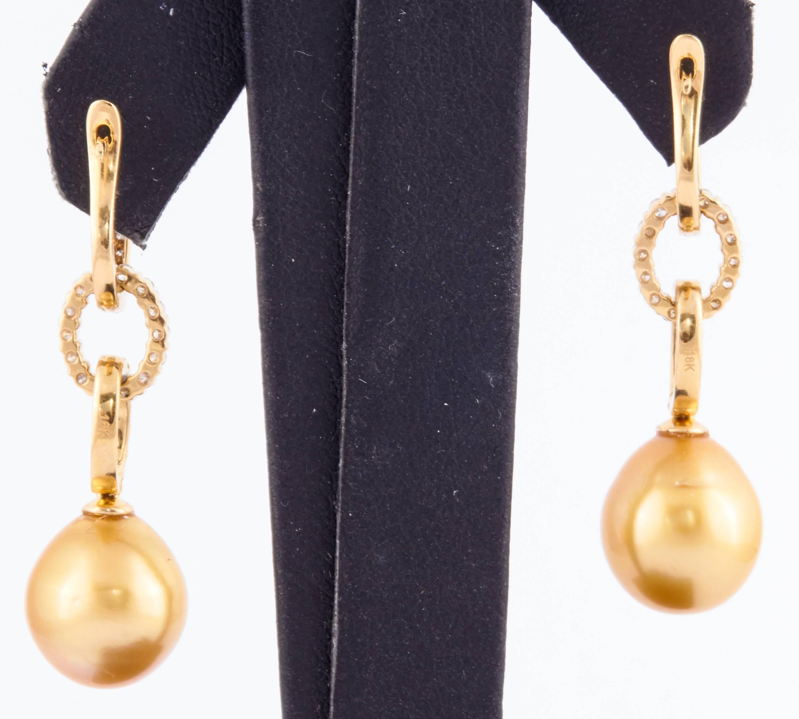 Golden South Sea Pearl Diamond Hoop Drop Earrings 0.81 Carats 11-12 MM 18K Gold For Sale 1