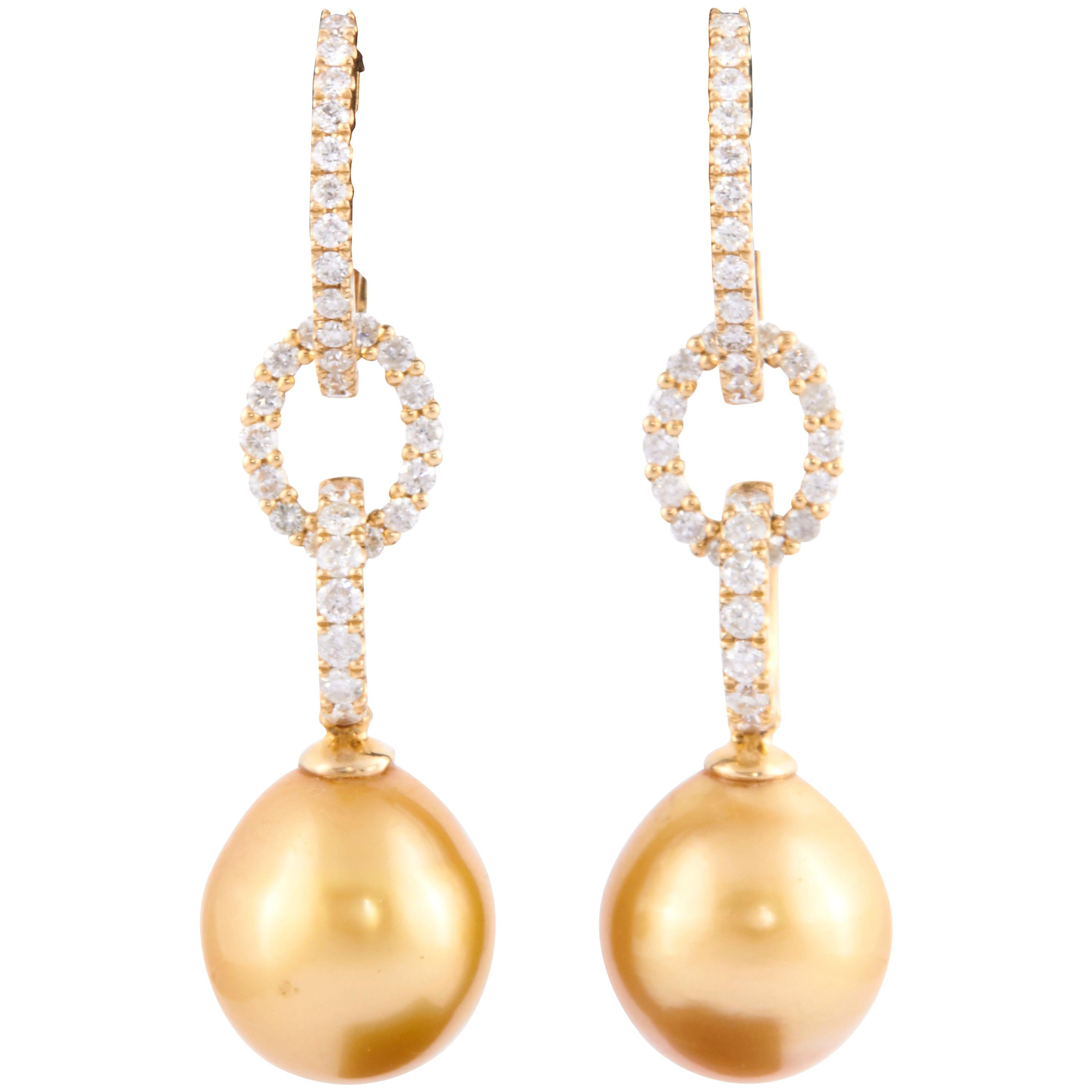 Golden South Sea Pearl Diamond Hoop Drop Earrings 0.81 Carats 11-12 MM 18K Gold