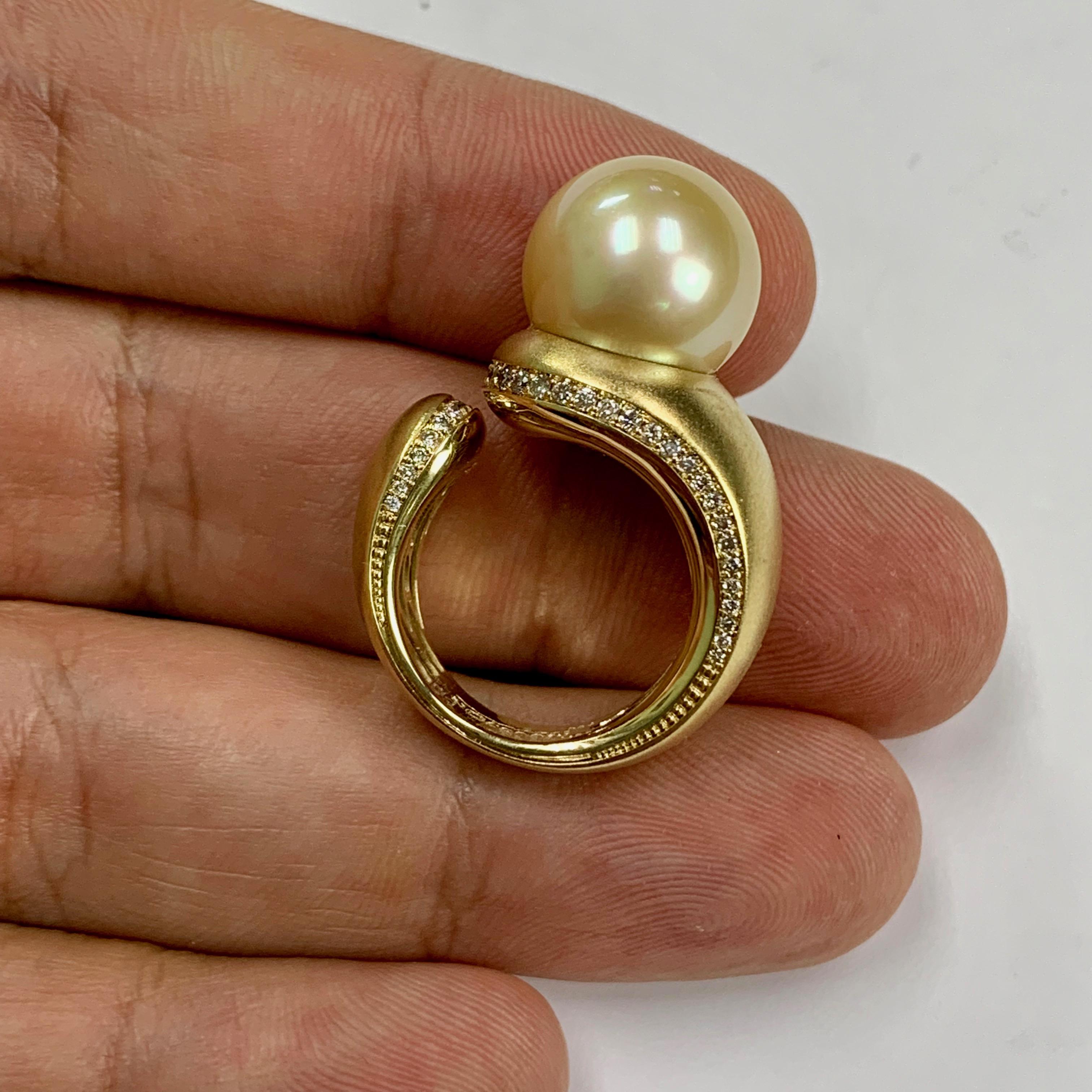 Contemporary Golden South Sea Pearl Diamonds Cocktail Ring For Sale