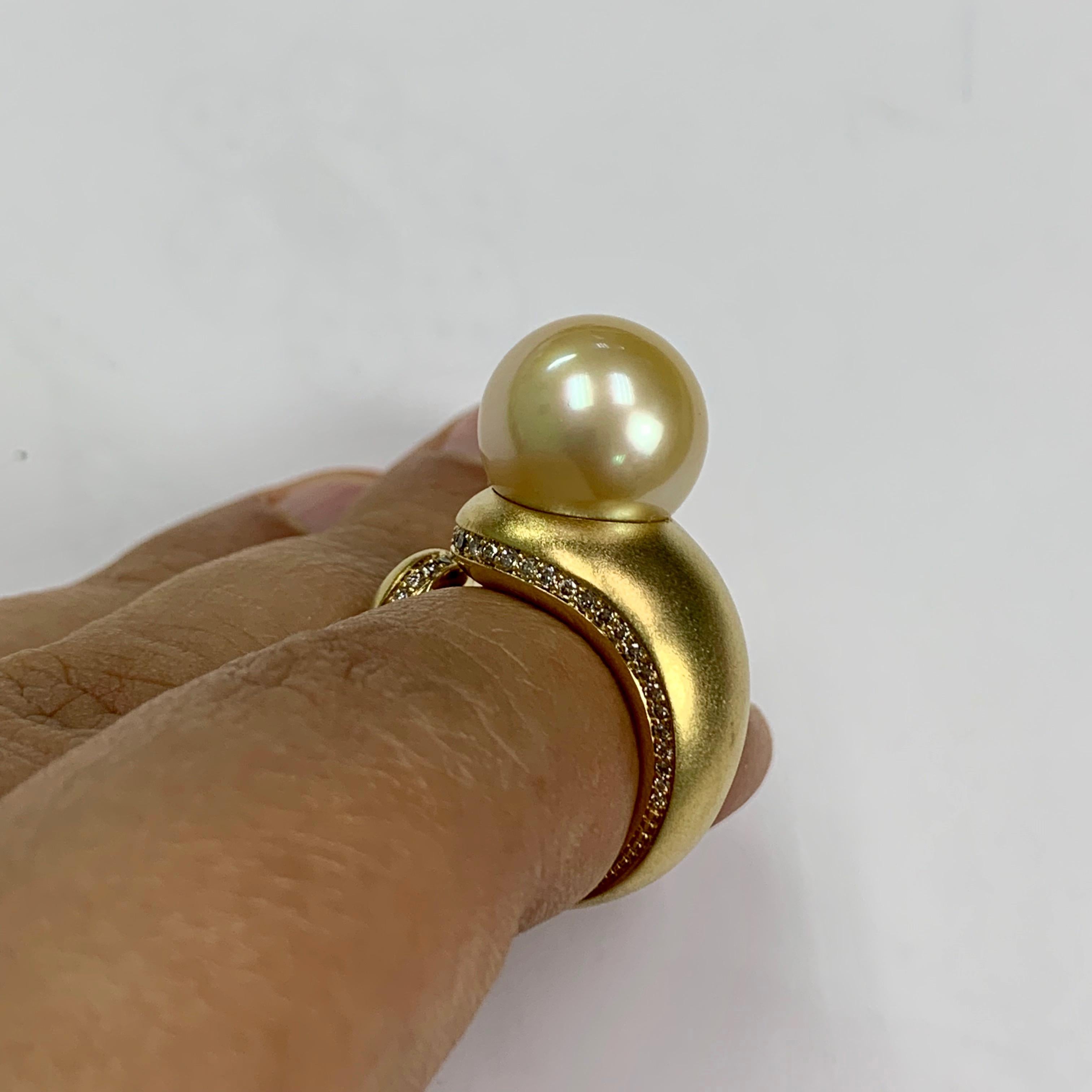 Golden South Sea Pearl Diamonds Cocktail Ring For Sale 2