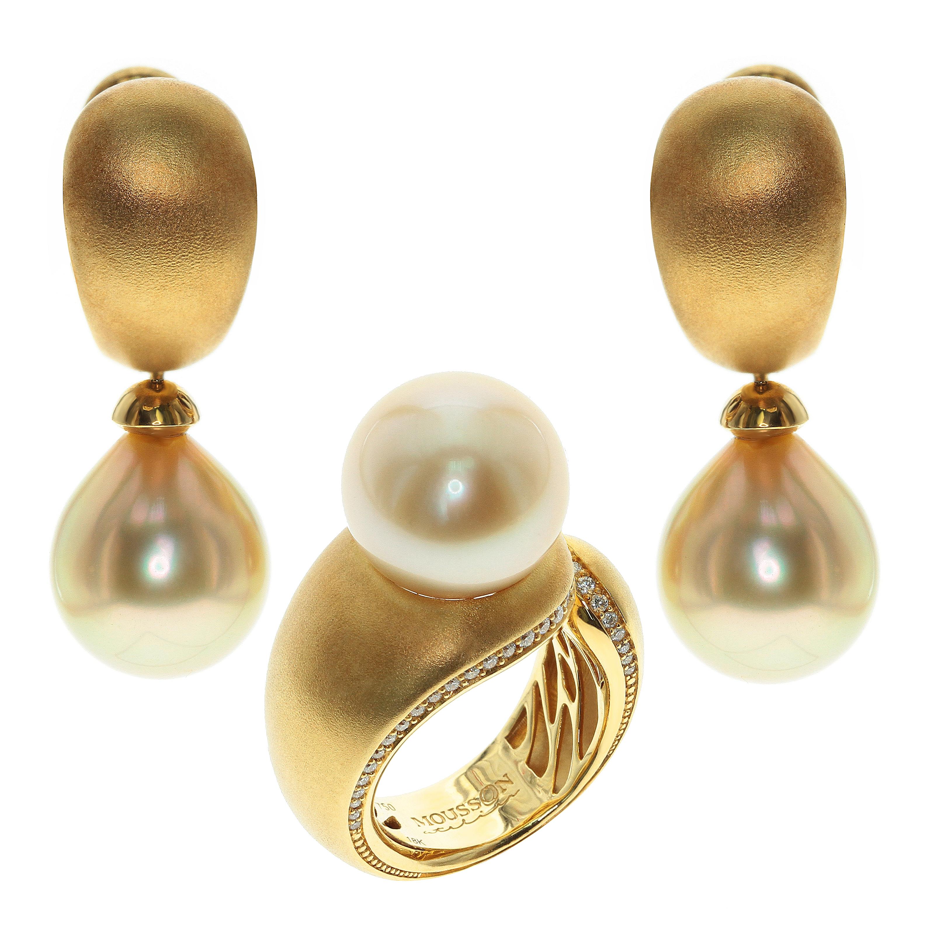 Golden South Sea Pearl Diamonds Dome Ring Earrings Suite For Sale