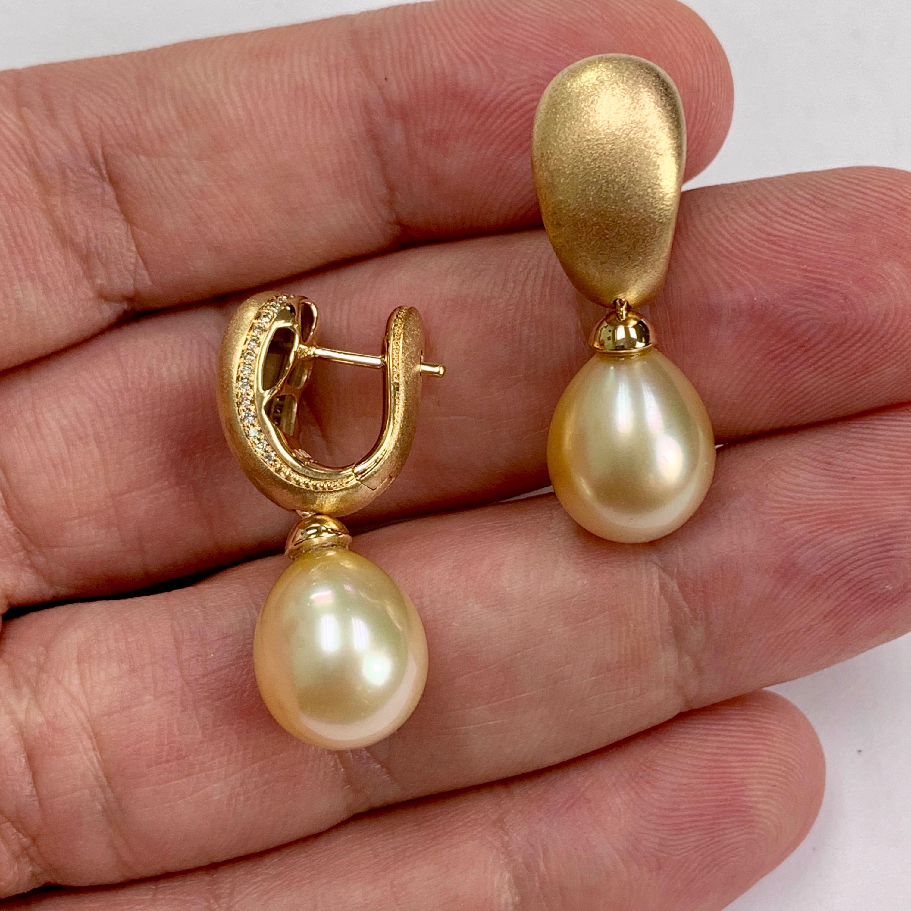 Contemporary Golden South Sea Pearl Diamonds Drop Earrings