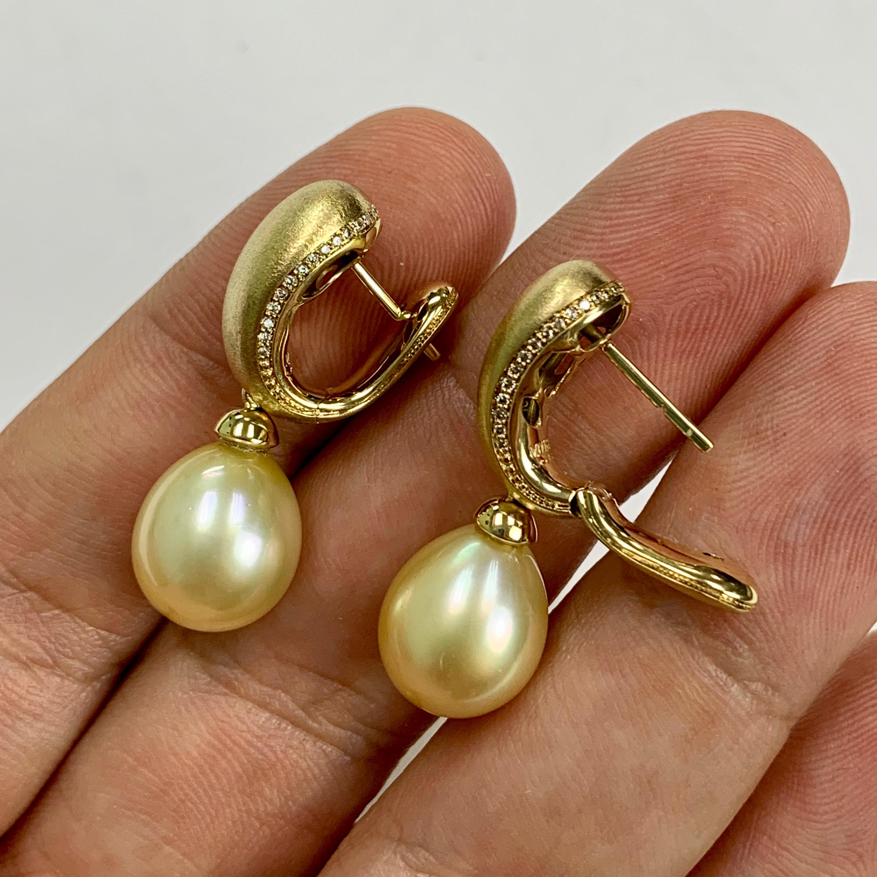 Women's Golden South Sea Pearl Diamonds Drop Earrings For Sale