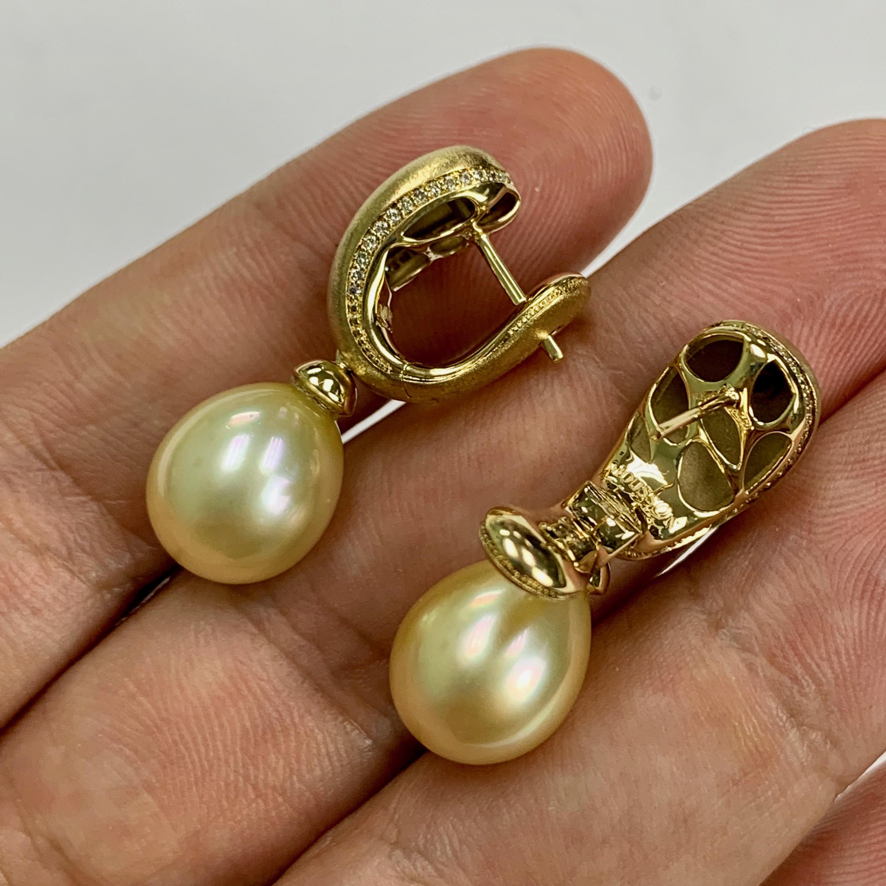 Golden South Sea Pearl Diamonds Drop Earrings For Sale 1