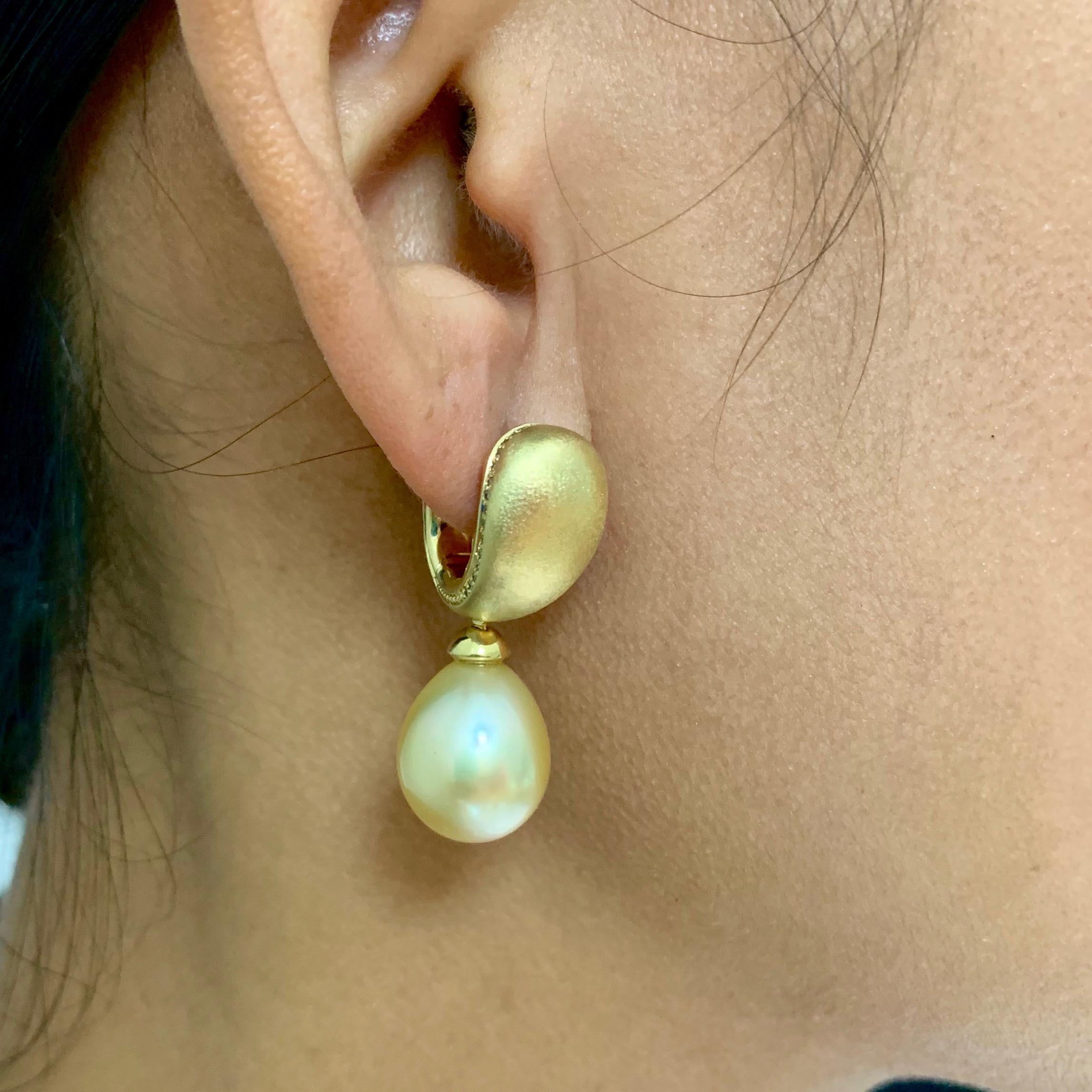 Golden South Sea Pearl Diamonds Drop Earrings For Sale 2