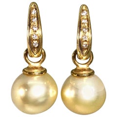 Golden South Sea Pearl Drop Earrings Huggy Style 18K Gold Hoops with Diamonds