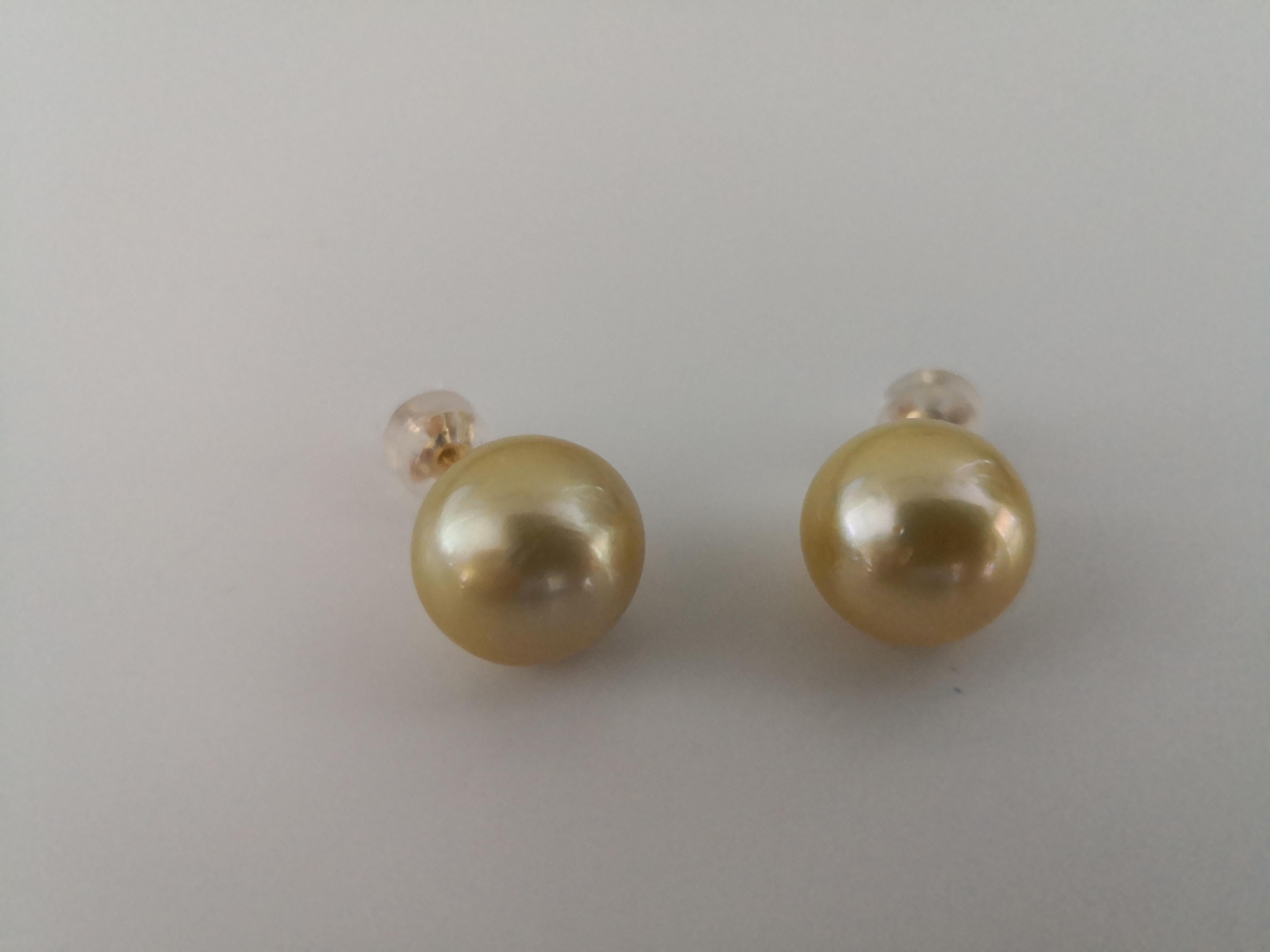 - Natural Golden Color South Sea Pearls earrings 

- Origin: Indonesia ocean waters

- Produced by Pinctada Maxima Oyster

- 18K Yellow Gold mounting 

- Size of Pearls 13 mm of diameter

- Pearls of round shape

- High natural luster and orient