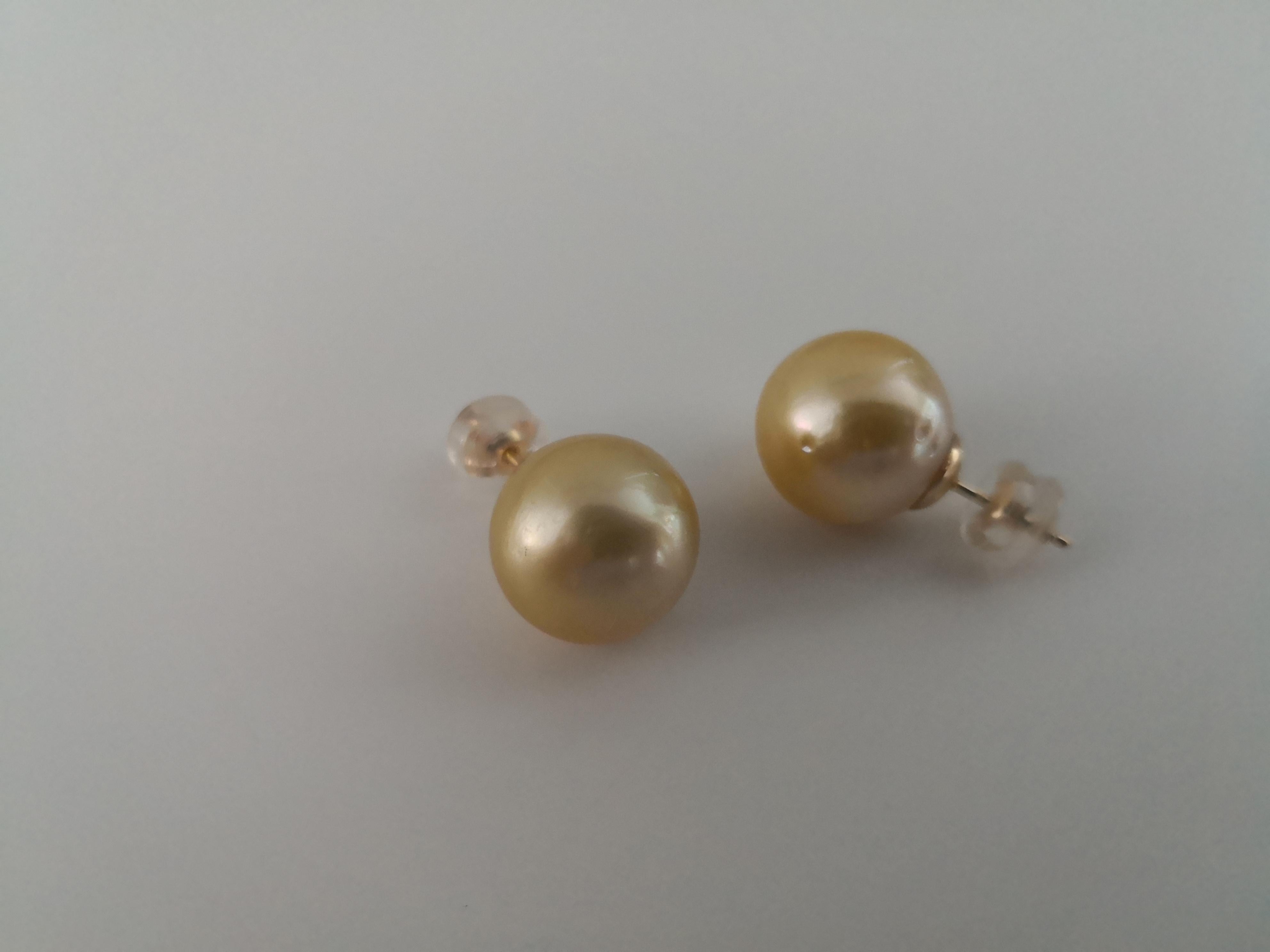 Contemporary Golden South Sea Pearl Earrings, Round, 18 Karat Gold For Sale