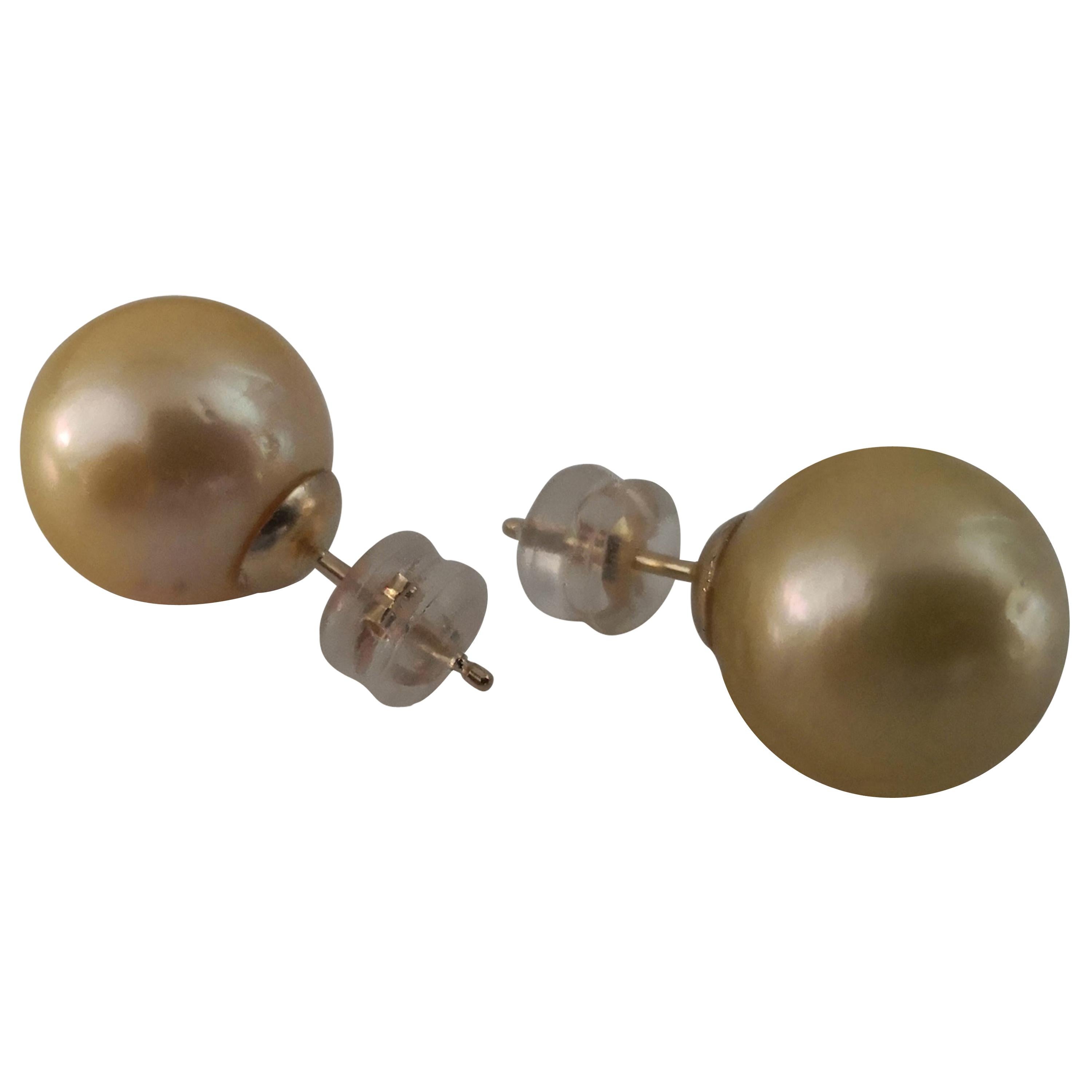 Golden South Sea Pearl Earrings, Round, 18 Karat Gold For Sale