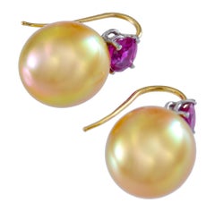 Golden South Sea Pearl Earrings and Burma Ruby Earrings