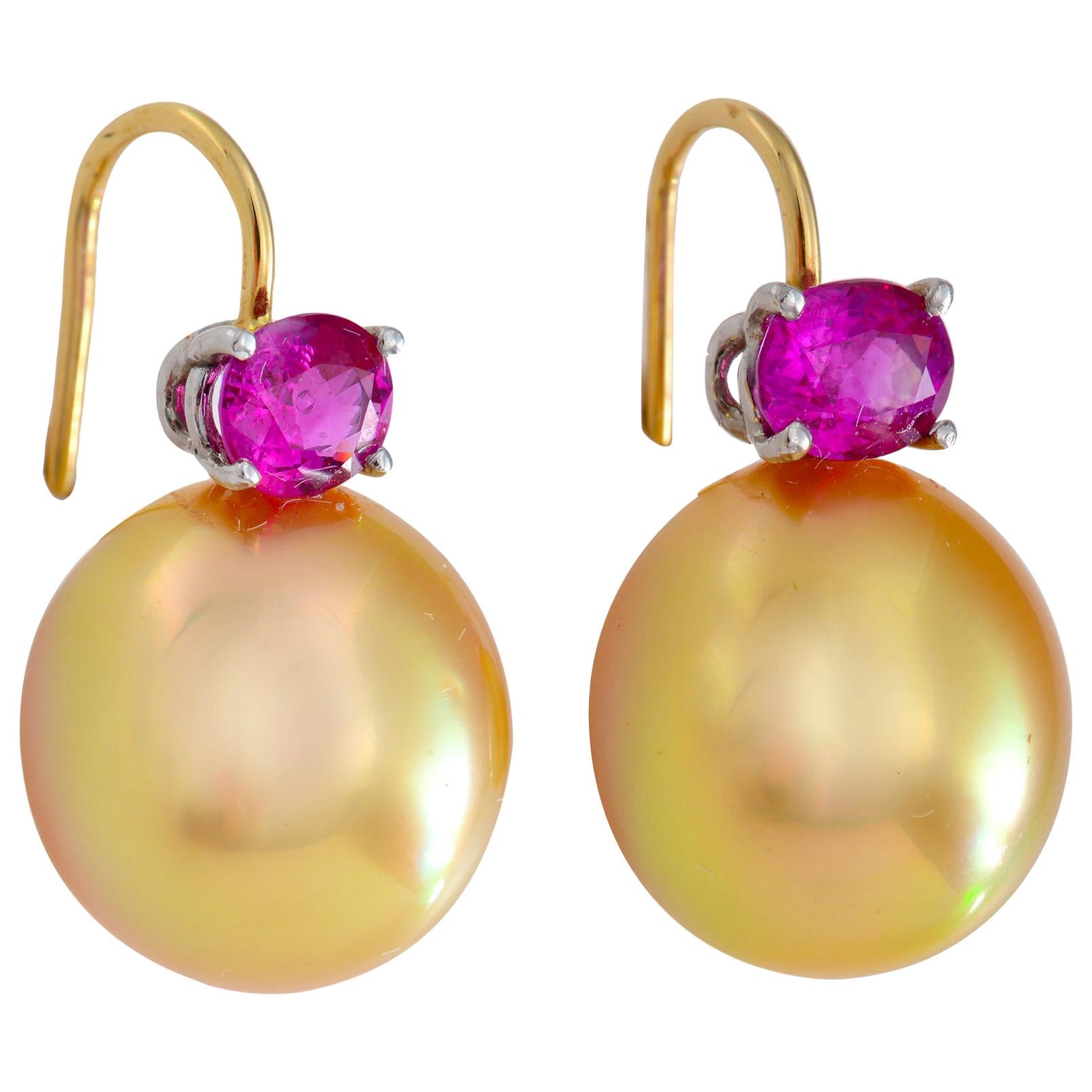 Golden South Sea Pearl Earrings and Burma Ruby Earrings For Sale