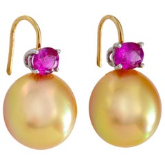 Golden South Sea Pearl Earrings and Burma Ruby Earrings