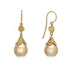 Golden South Sea Pearl Earrings in 18k Gold with Yellow Treated Diamonds