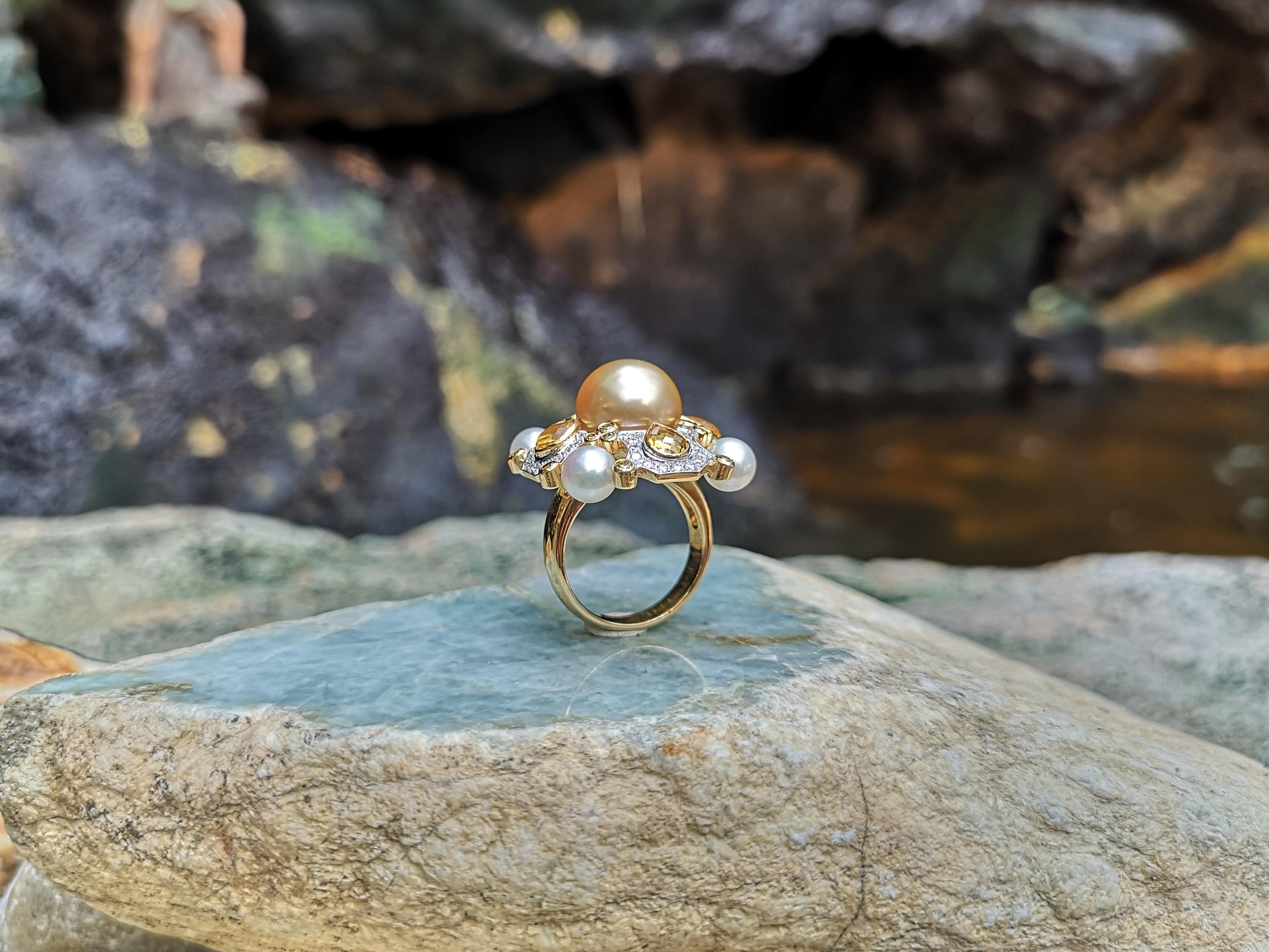 Golden South Sea Pearl, Fresh Water Pearl, Yellow Sapphire Ring in 18k Gold For Sale 2