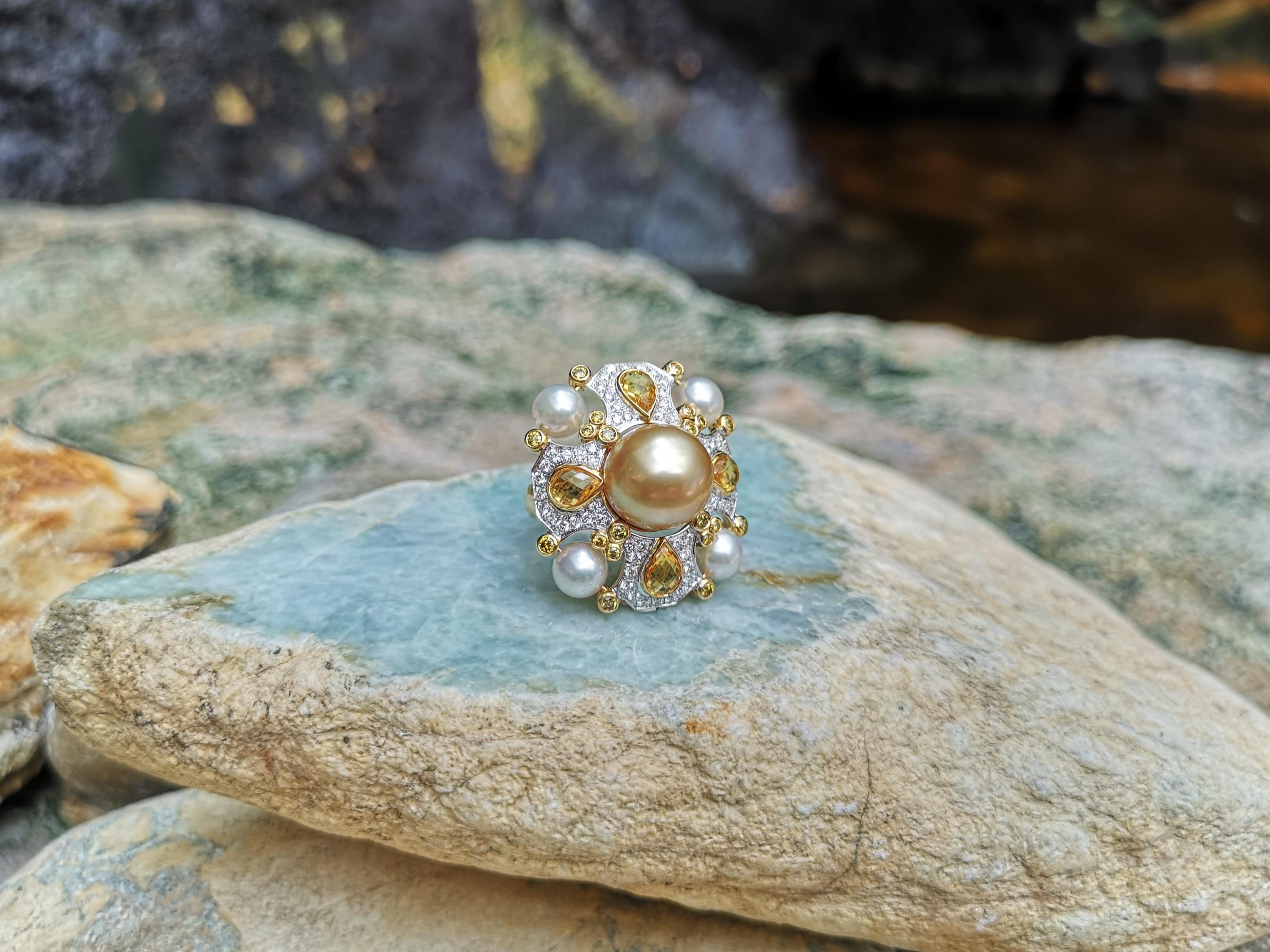Golden South Sea Pearl, Fresh Water Pearl, Yellow Sapphire Ring in 18k Gold For Sale 5