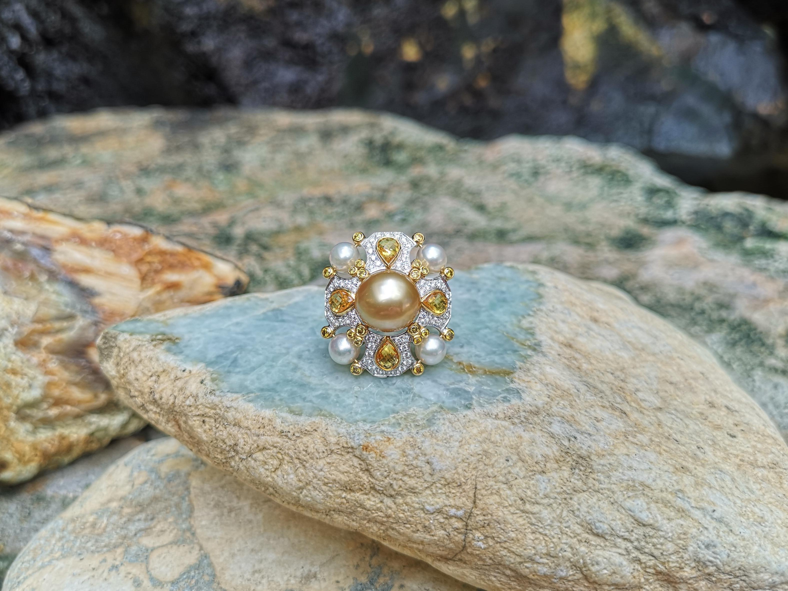Golden South Sea Pearl, Fresh Water Pearl, Yellow Sapphire Ring in 18k Gold For Sale 6